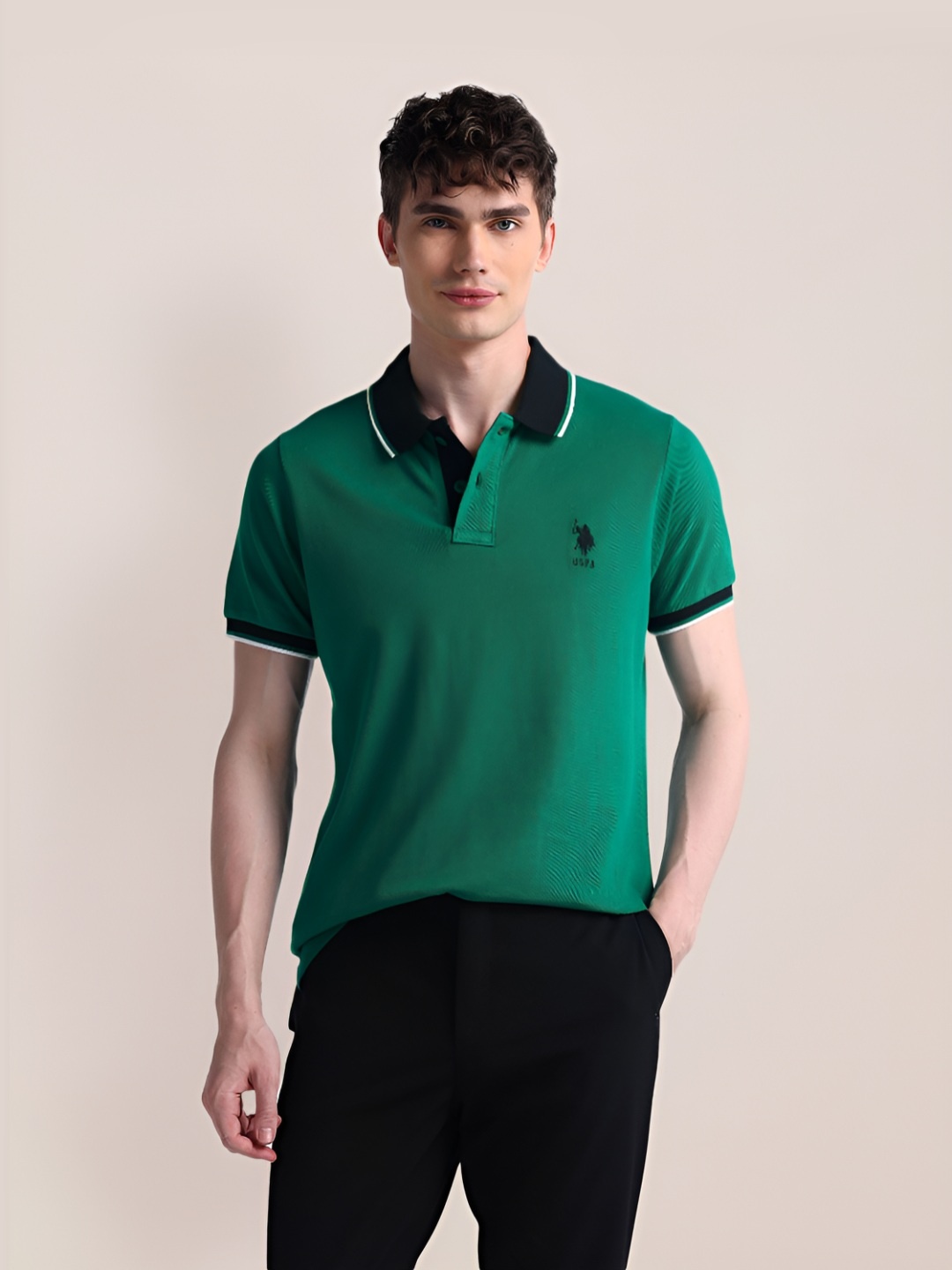

U.S. Polo Assn. Men Solid Polo Collar Cotton Slim Fit T-Shirt, Green