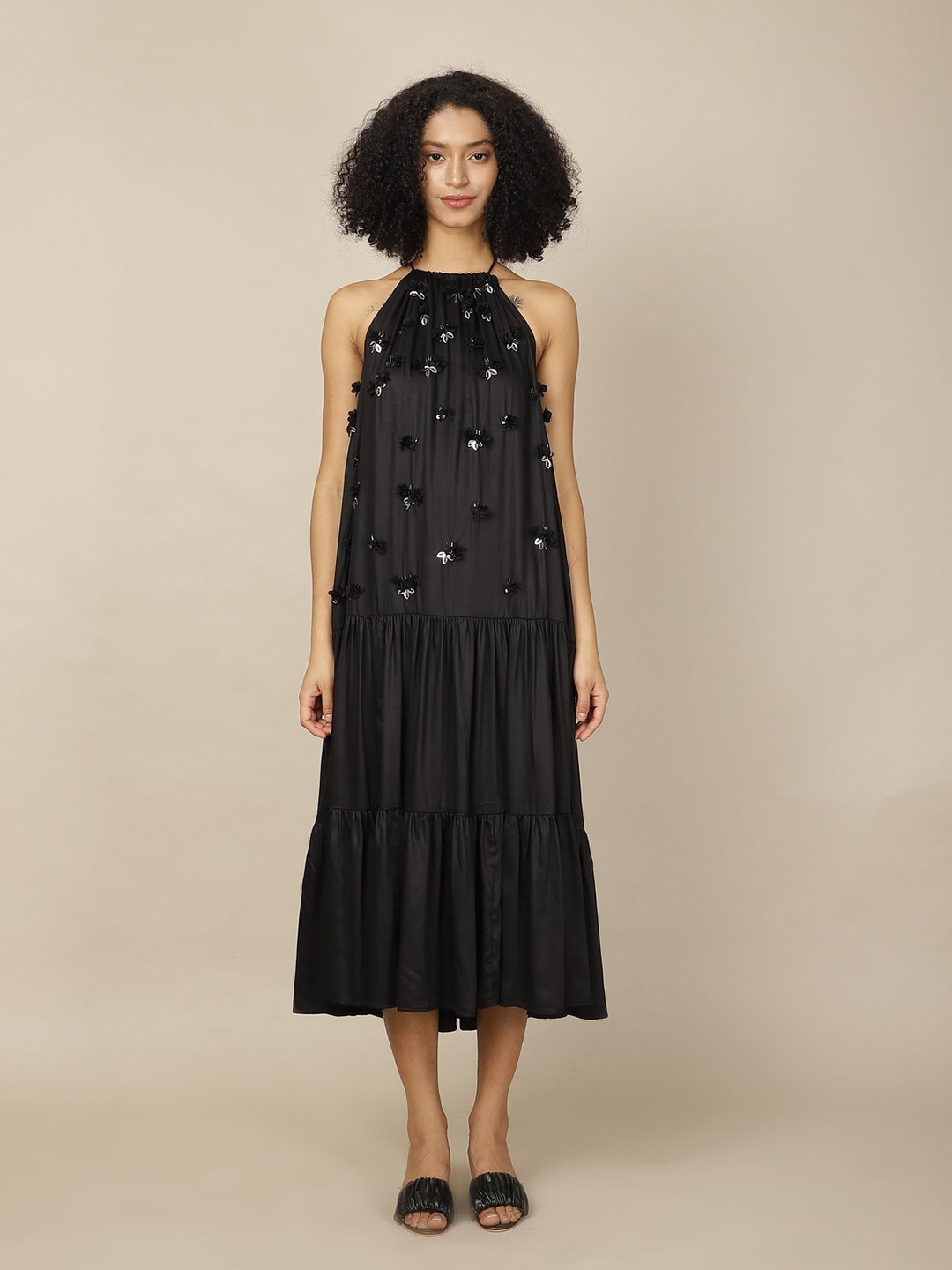 

A Little Fable Halter Neck Tiered A-Line Midi Dress, Black