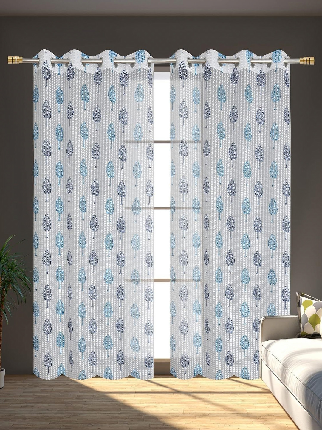 

JBG Home Store White & Blue Tropical Printed Sheer Window Curtain