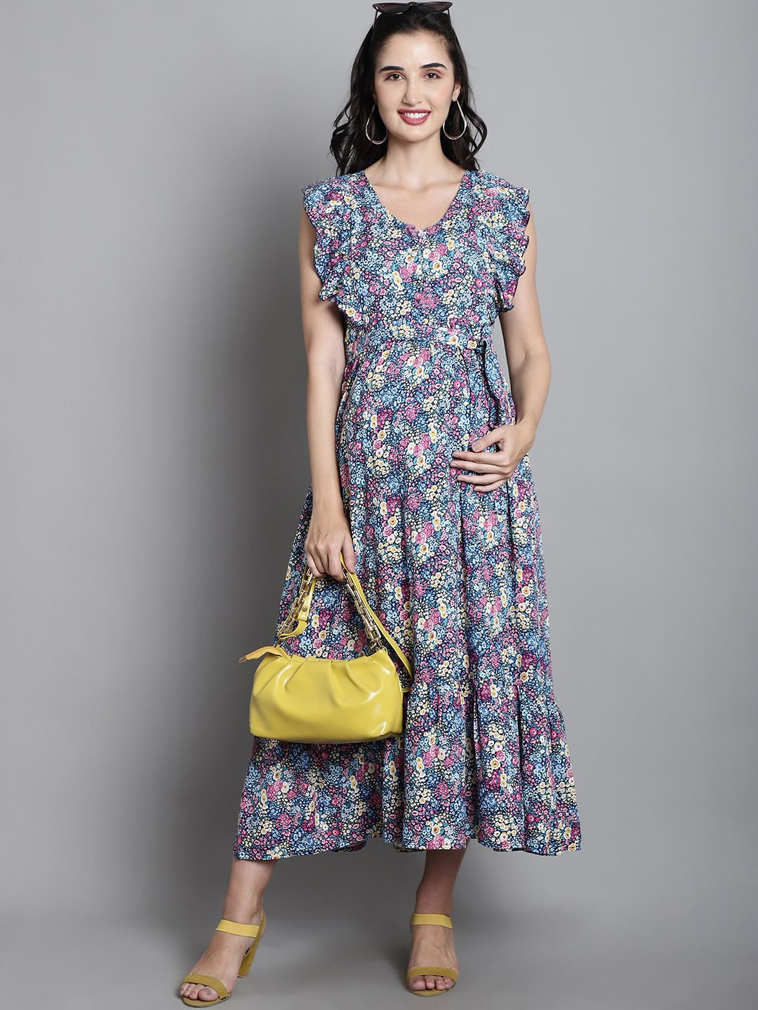 

Moms Maternity Floral Print Maternity Fit & Flare Maxi Dress, Blue
