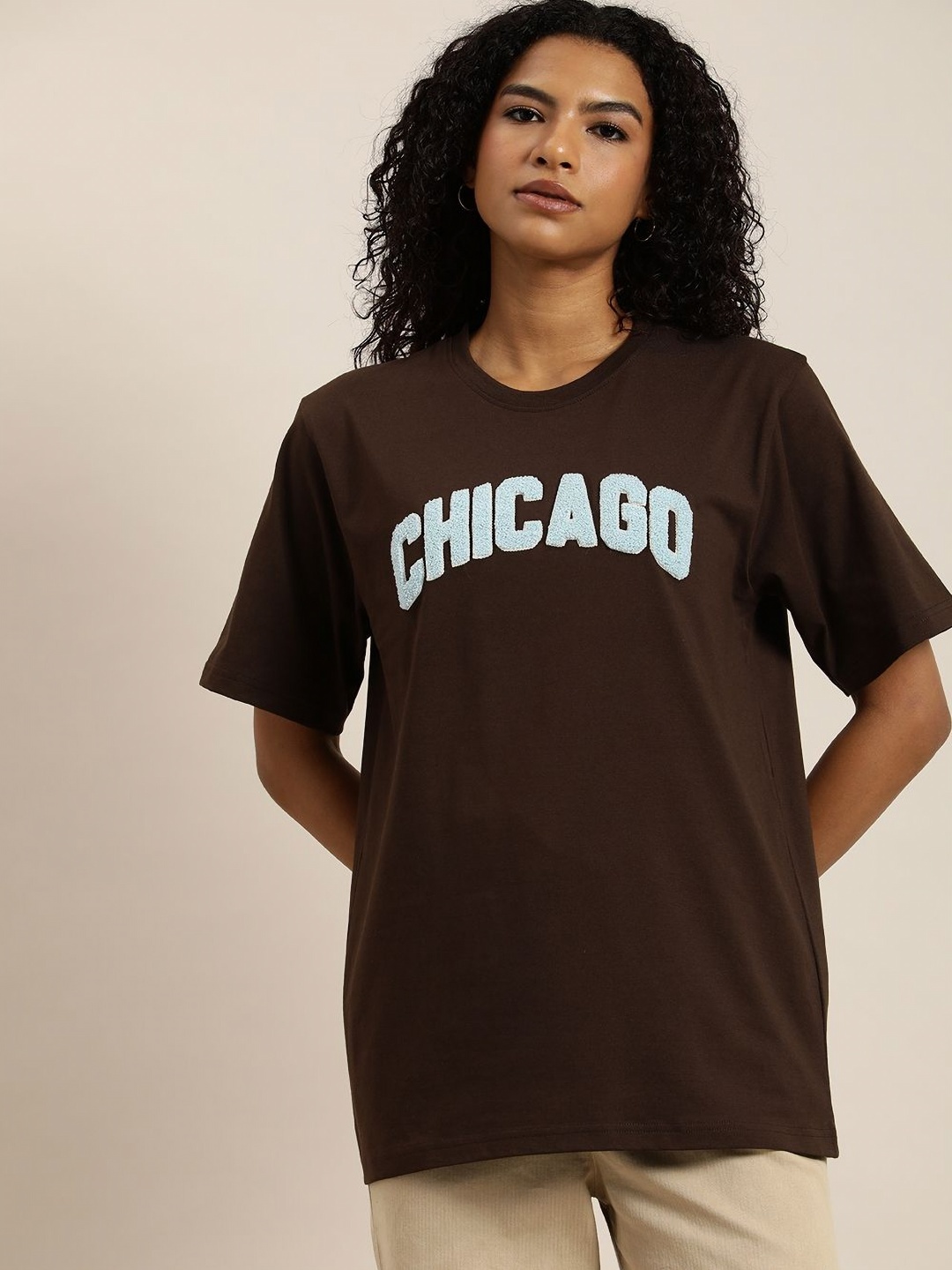 

DILLINGER Women Typography Printed Round Neck Cotton Oversized T-Shirt, Brown