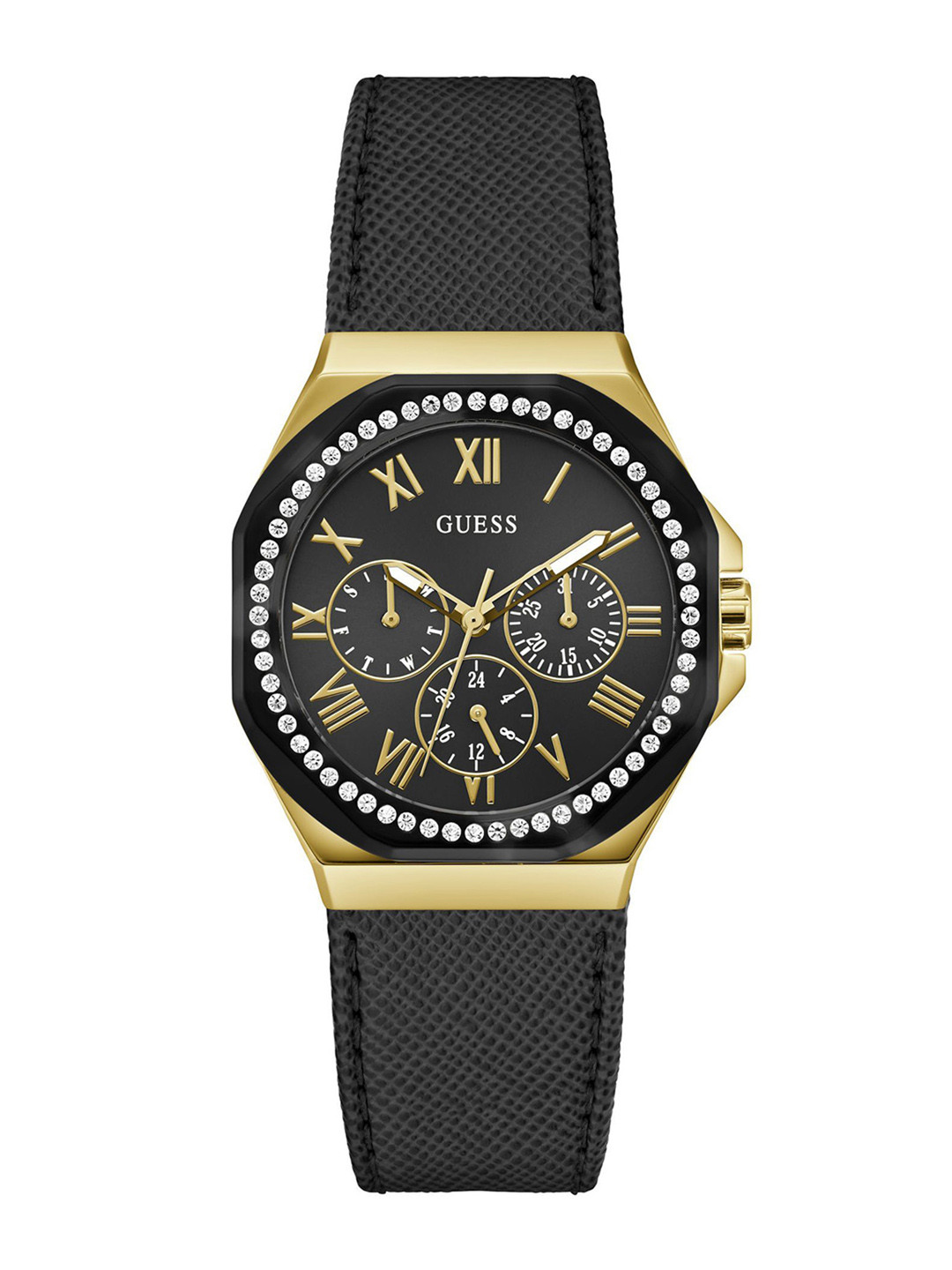 

GUESS Women Embellished Dial & Leather Straps Analogue Watch GW0753L4, Black
