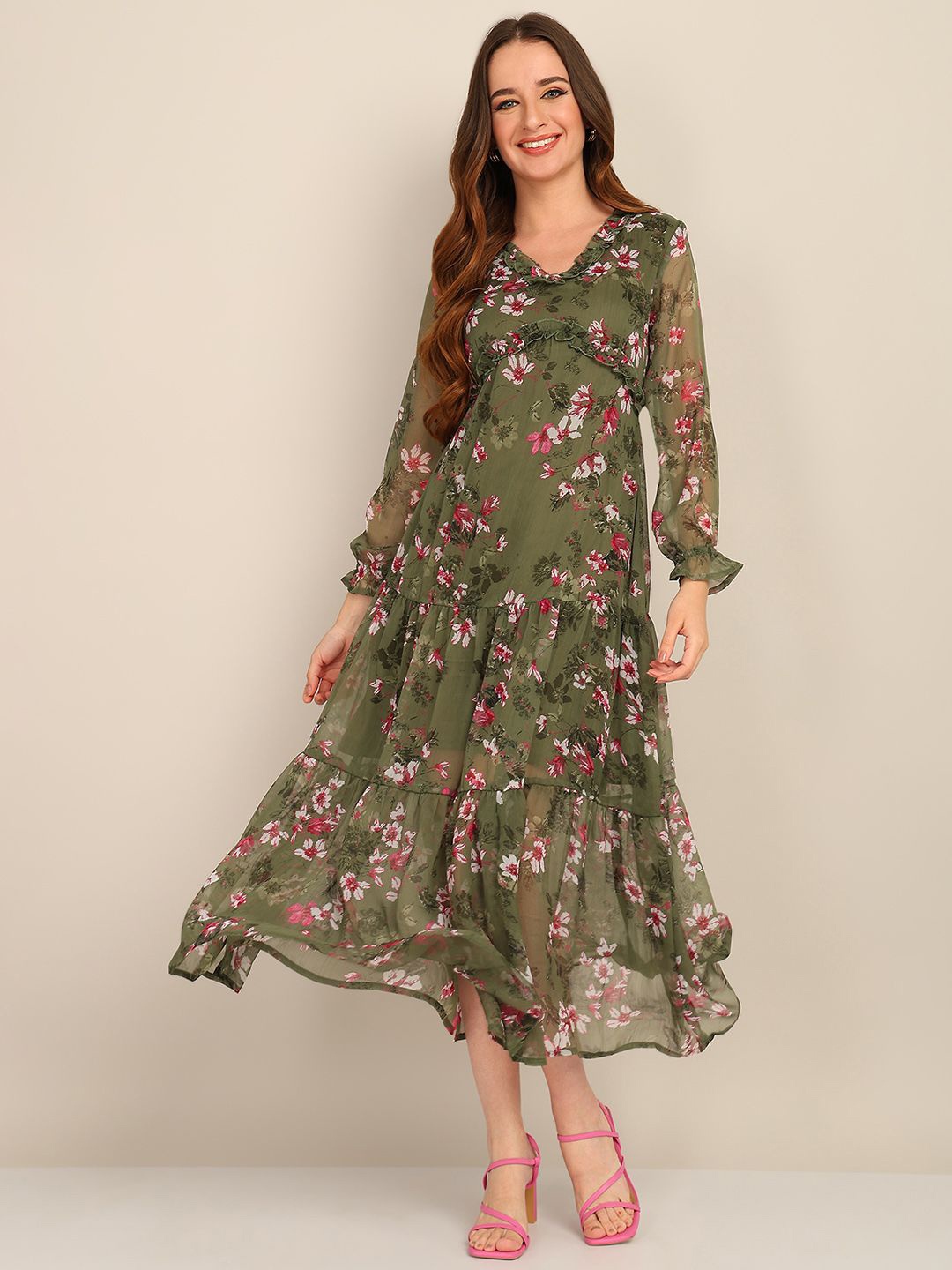

Murcia Floral Printed Chiffon Fit & Flare Midi Dress, Green