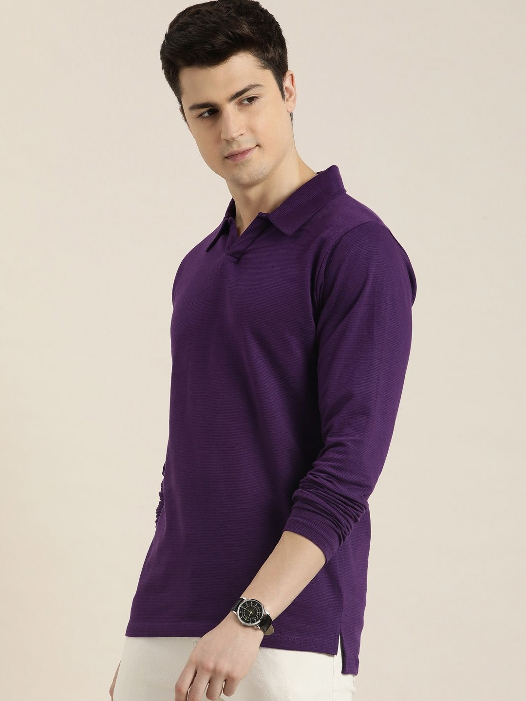 

DILLINGER Men Solid Honeycomb Structure Long Sleeve Cotton Polo T-Shirt, Purple