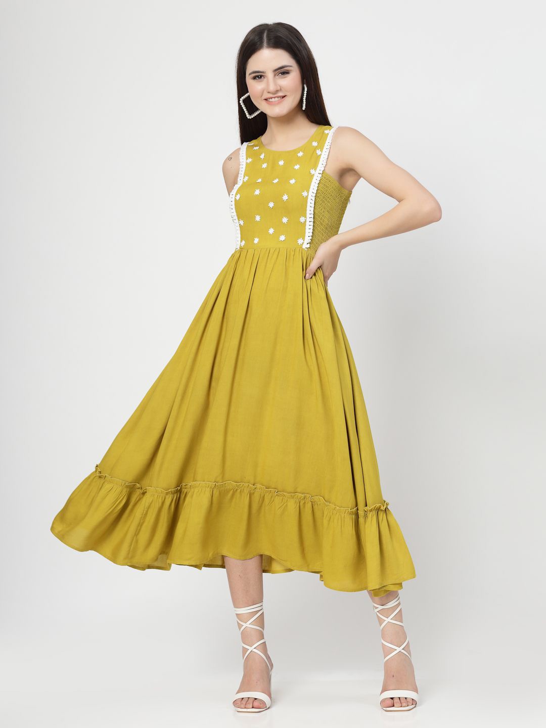 

COSMIC TRIO Floral Embroidered Fit & Flare Midi Dress, Mustard