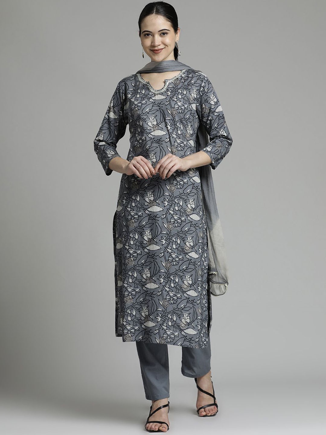 

Jaipur Kurti Ethnic Printed Kurta Set With Tie-Dye Dupatta, Grey