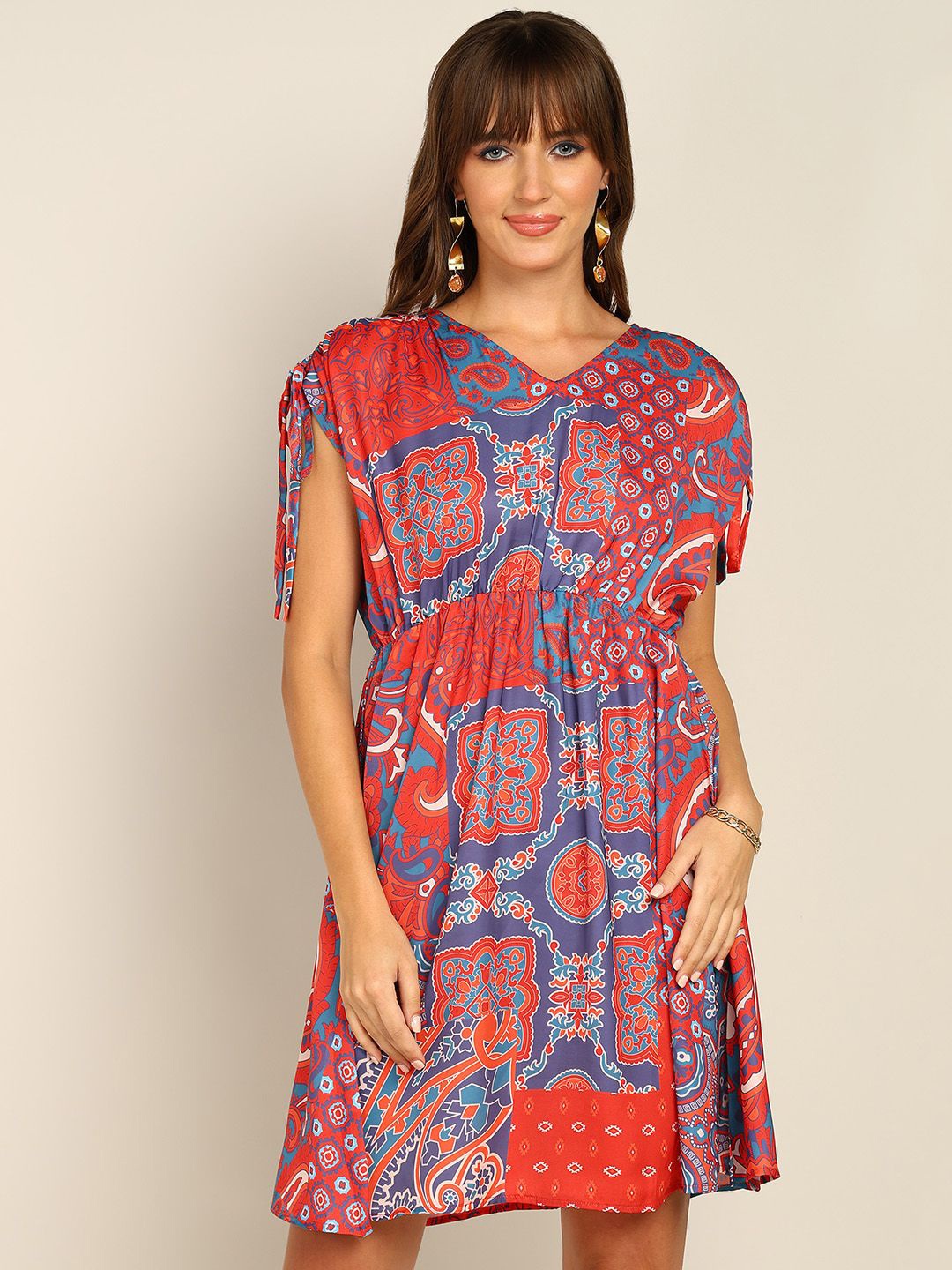 

Murcia Ethnic Motifs Print Puff Sleeve Fit & Flare Dress, Multi