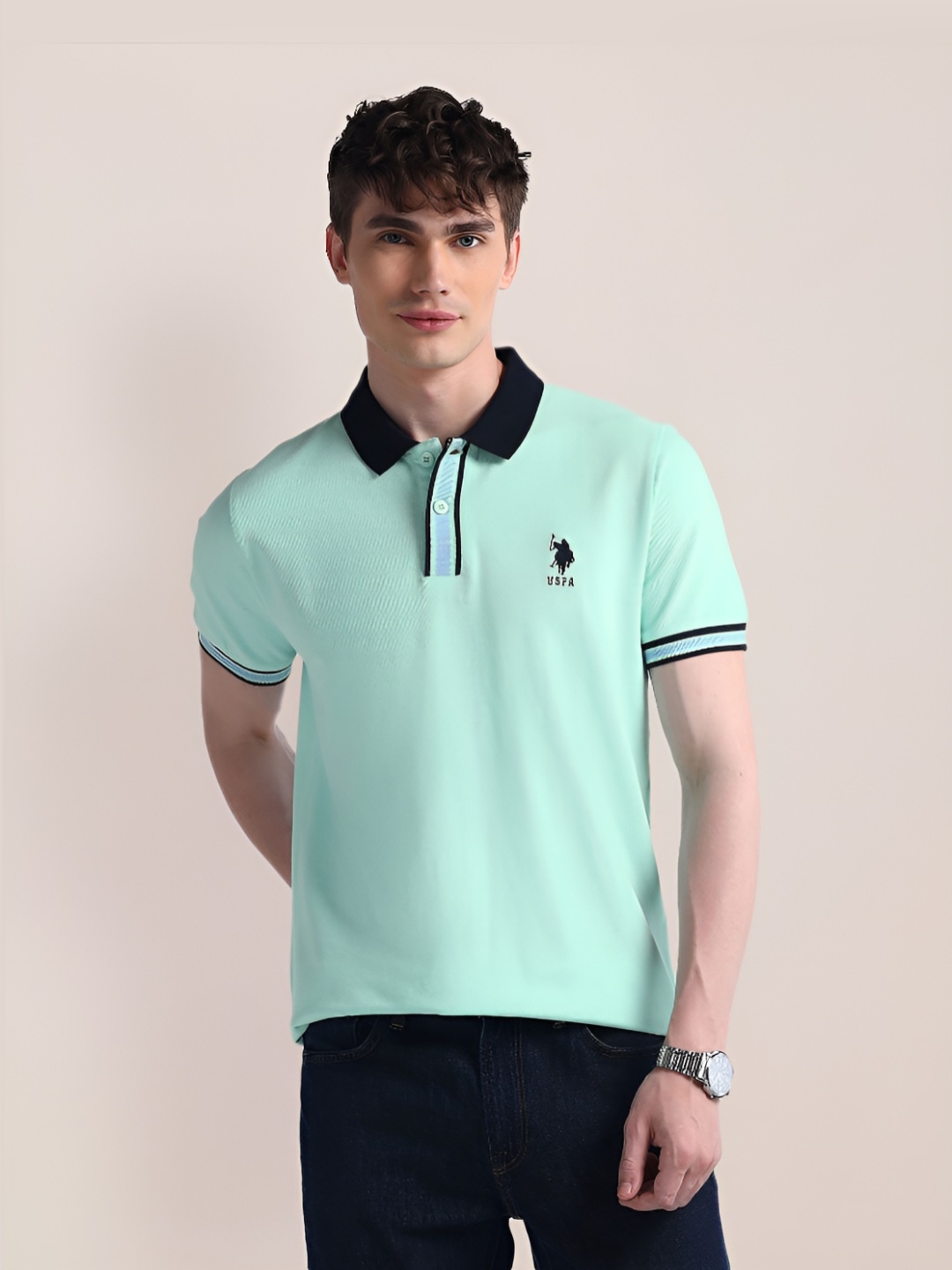 

U.S. Polo Assn. Men Solid Polo Collar Cotton Slim Fit T-Shirt, Blue