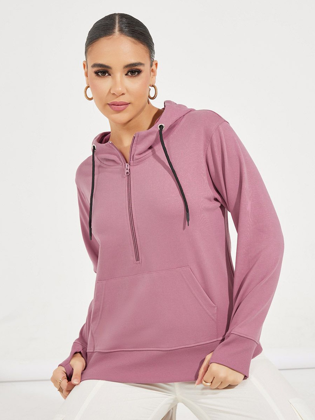 

Women Regular Length Regular Fit- Half Zipper Sweatshirt Hoodie, Pink