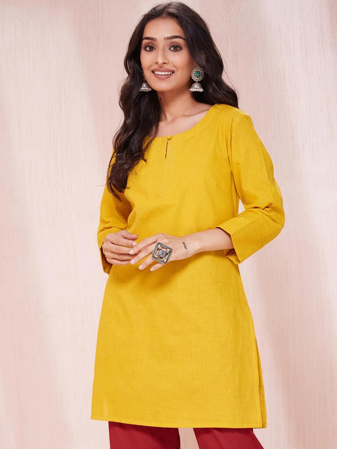 

Fabindia Keyhole Neck Cotton Slim Fit Short Kurta, Mustard