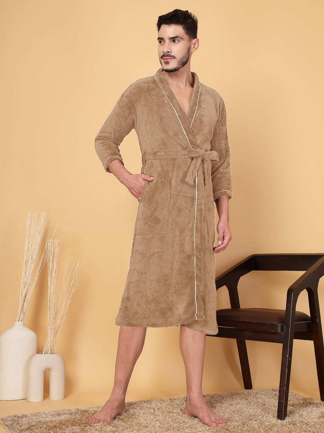 

FABINALIV Men Solid Cotton Bath Robe with Belt and 2 Cross Pockets, Beige