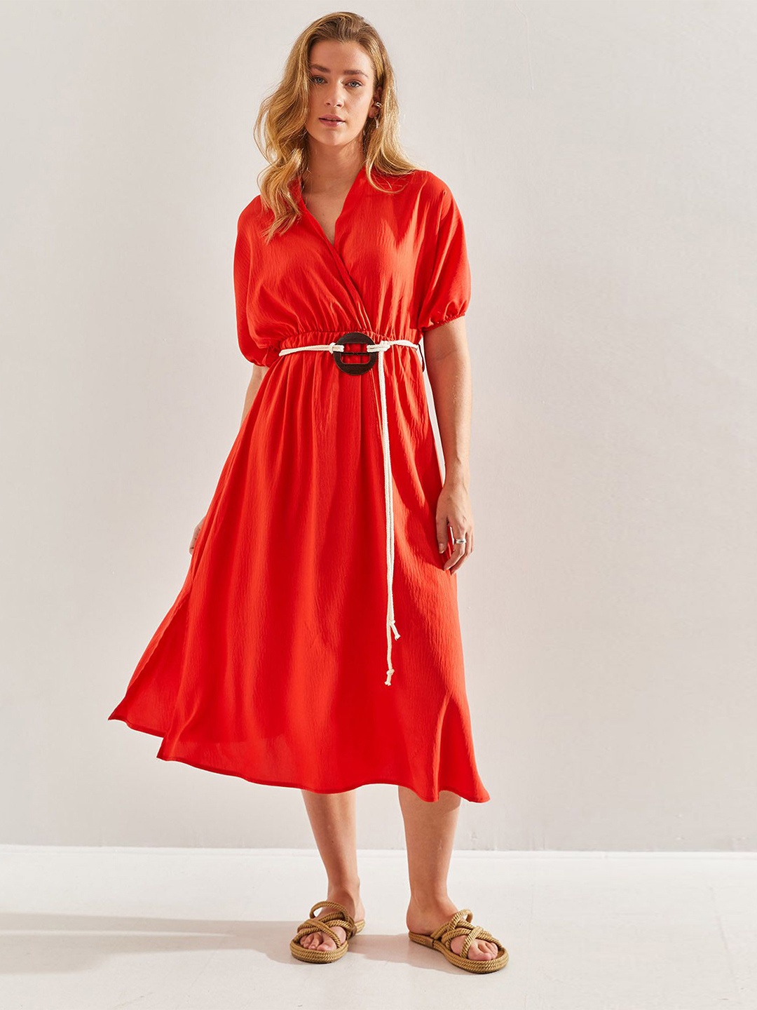 

BIANCO LUCCI V-Neck Cotton Wrap Midi Dress, Orange