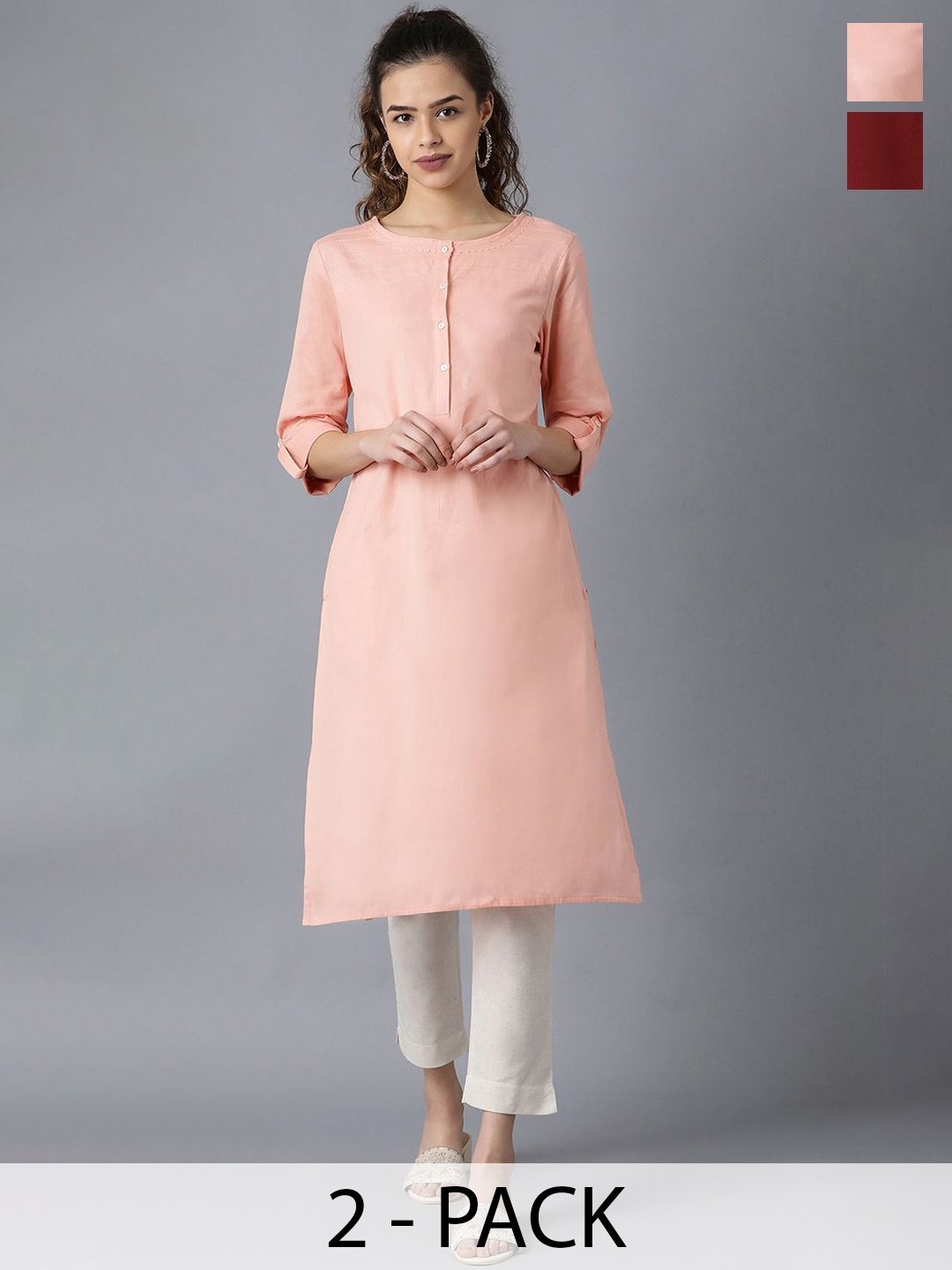 

W Selection of 2 Roll Up Sleeves Straight Kurtas, Peach