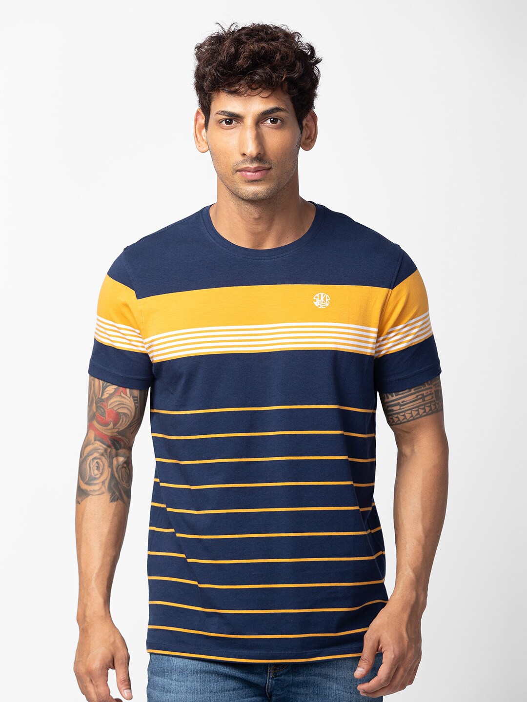 

SPYKAR Men Striped Slim Fit Cotton T-shirt, Navy blue