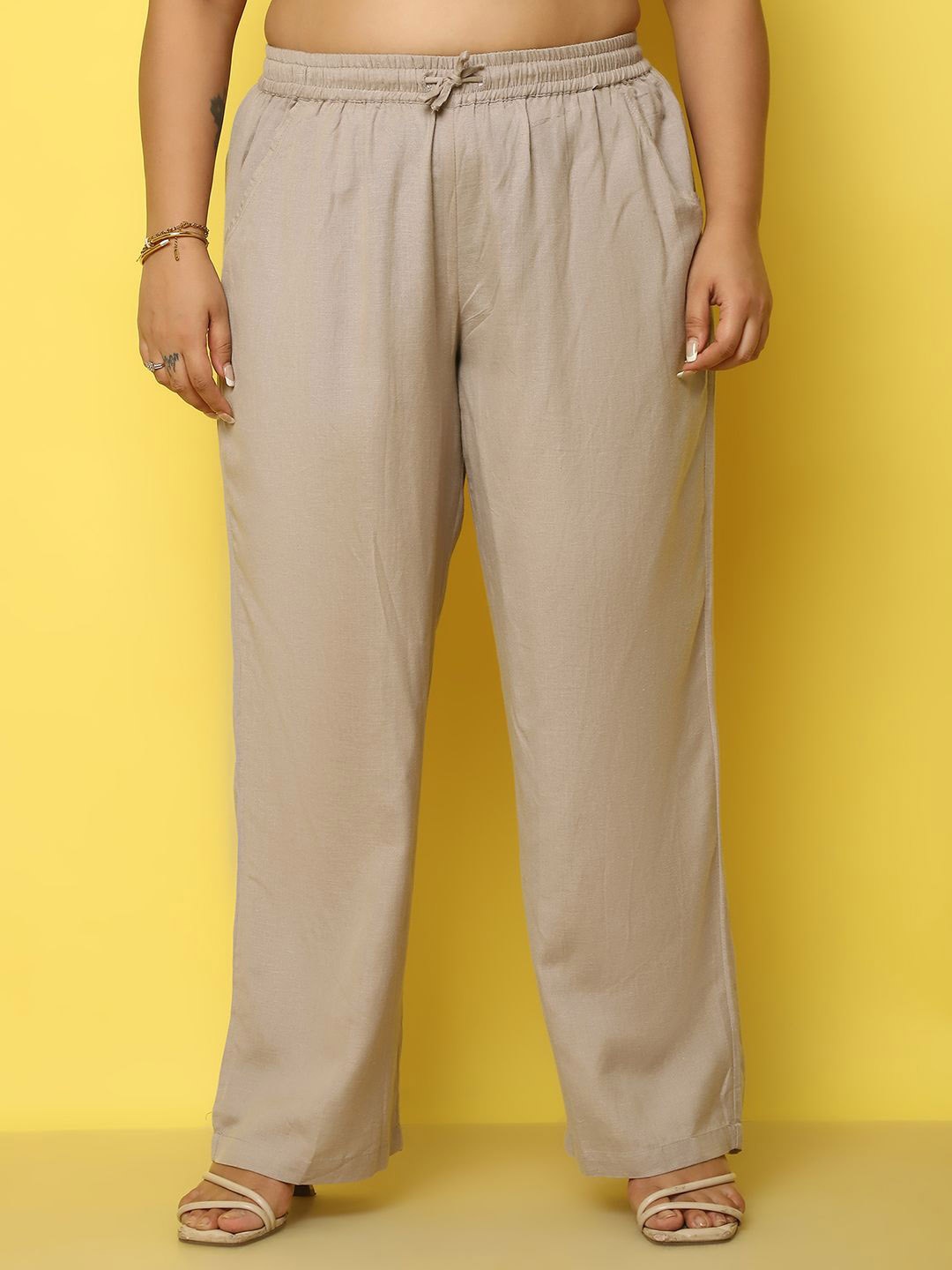 

theRebelinme Women Relaxed Straight Fit High-Rise Easy Wash Pleated Trousers, Beige