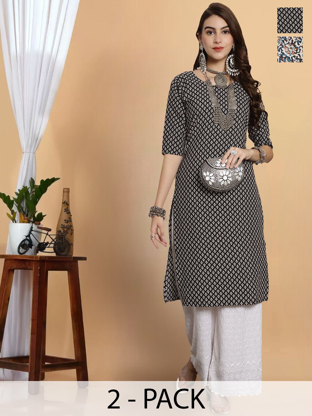 

7Threads Selection Of 2 Printed Straight Kurtas, Black