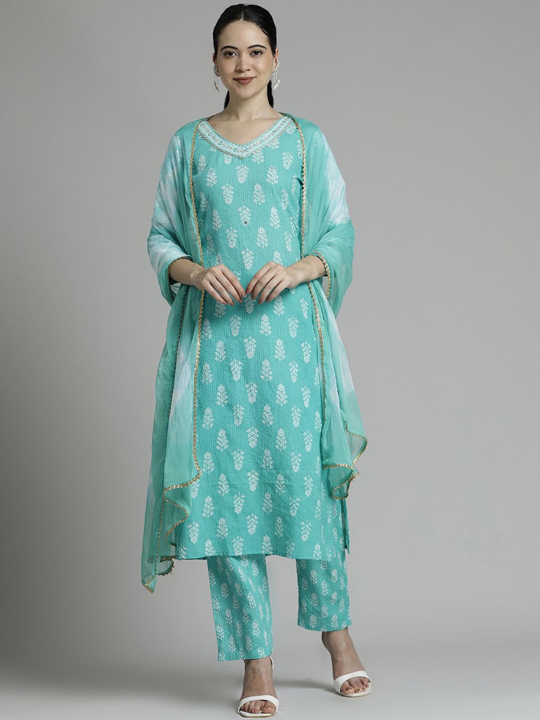 

Jaipur Kurti Ethnic Printed Pure Cotton Suit Set, Green