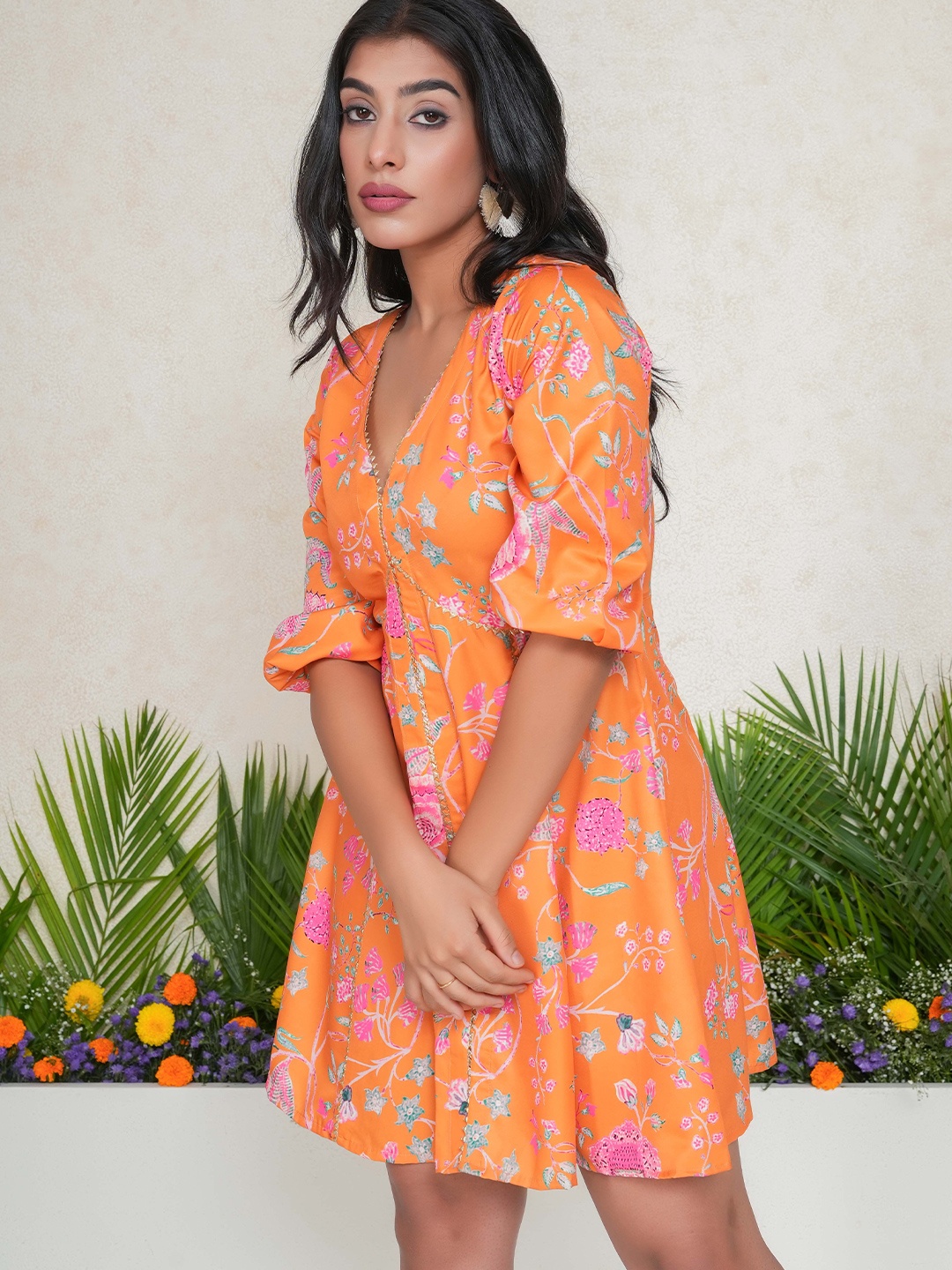 

Salvia Sky Floral Printed Flared Sleeve Crepe A-Line Mini Dress, Orange
