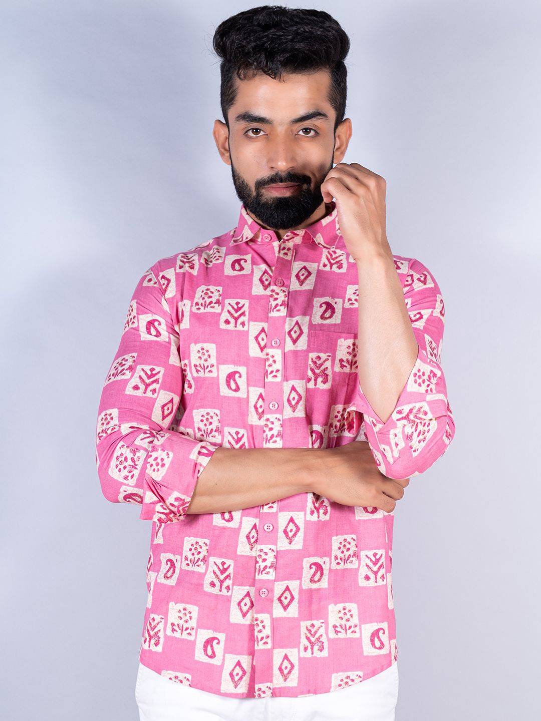 

Tistabene Men Standard Spread Collar Conversational Printed Cotton Casual Shirt, Pink