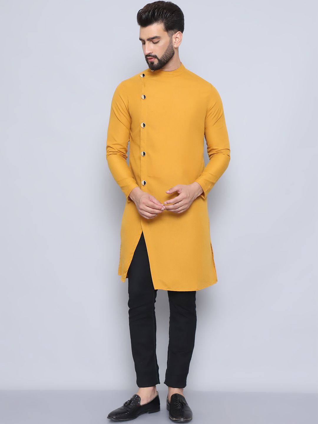 

even Mandarin Collar Pure Cotton Straight Kurta, Yellow