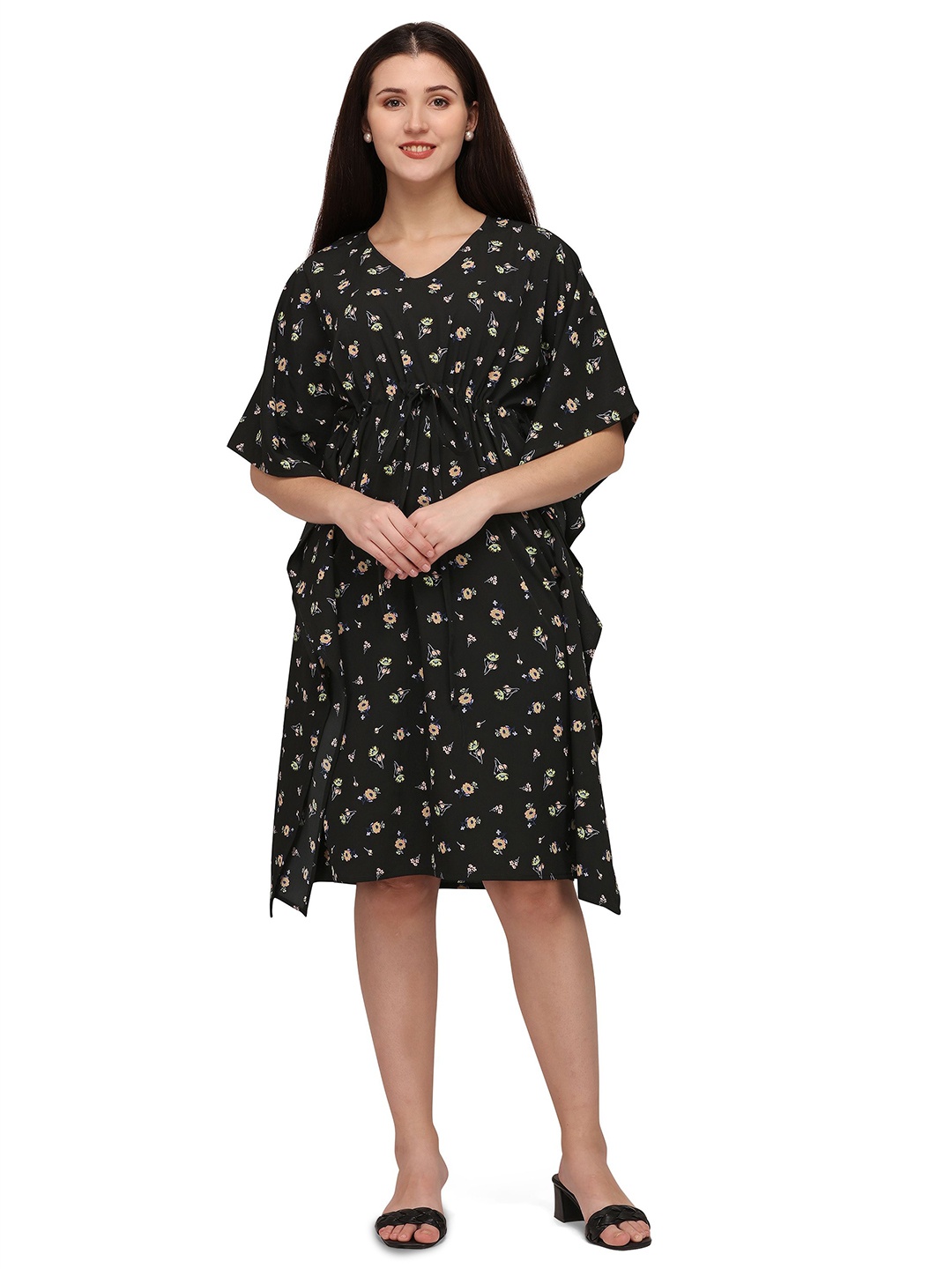

Murcia Women Floral Printed Flared Sleeve Kaftan Dress, Black