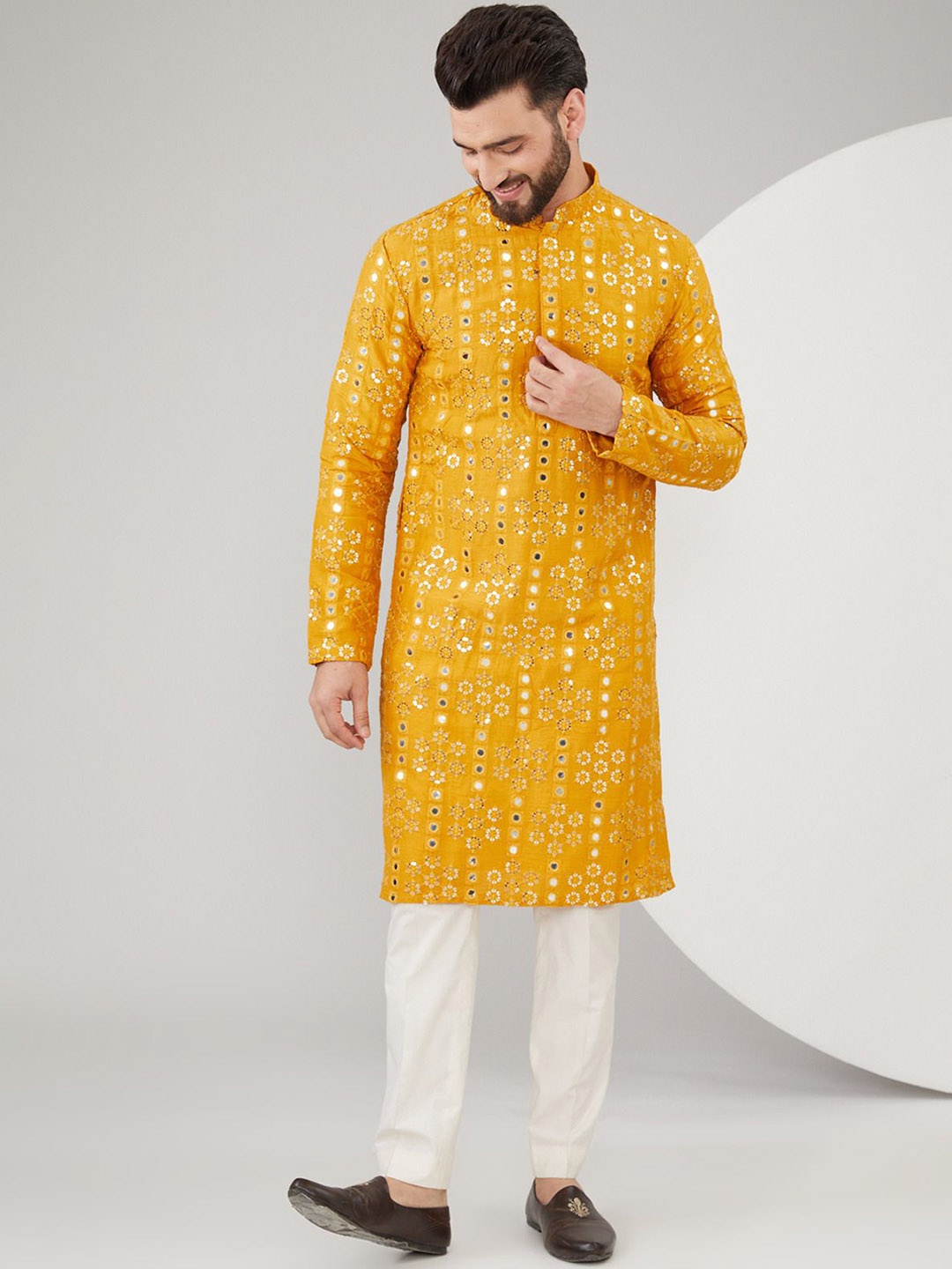 

KASBAH CLOTHING NISHCHAIY SAJDEH Floral Embroidered Mirror Work Mandarin Collar Silk Kurta, Yellow