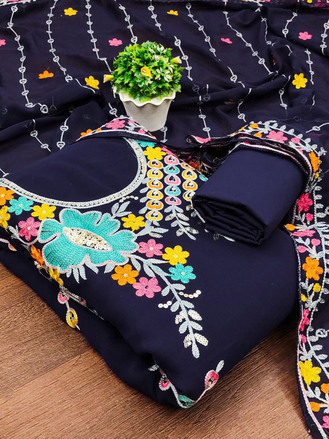 

APNISHA Floral Embroidered Silk Georgette Unstitched Dress Material, Navy blue