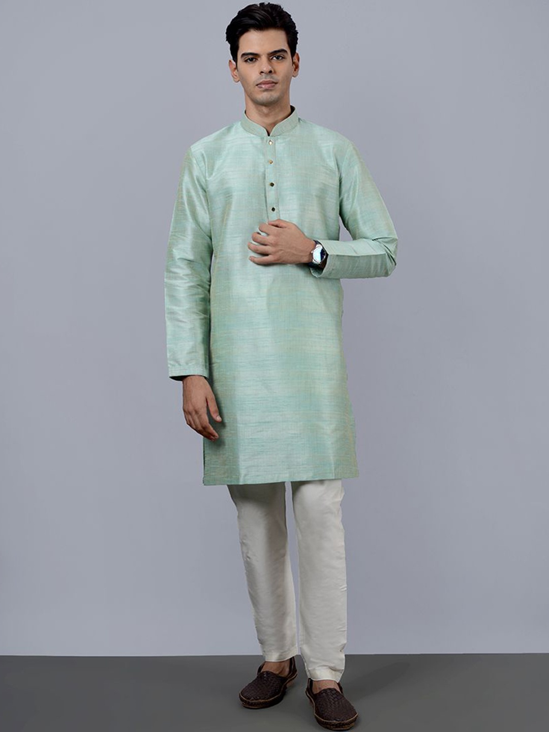 

azania Self Design Mandarin Collar Straight Kurta with Pyjamas, Green