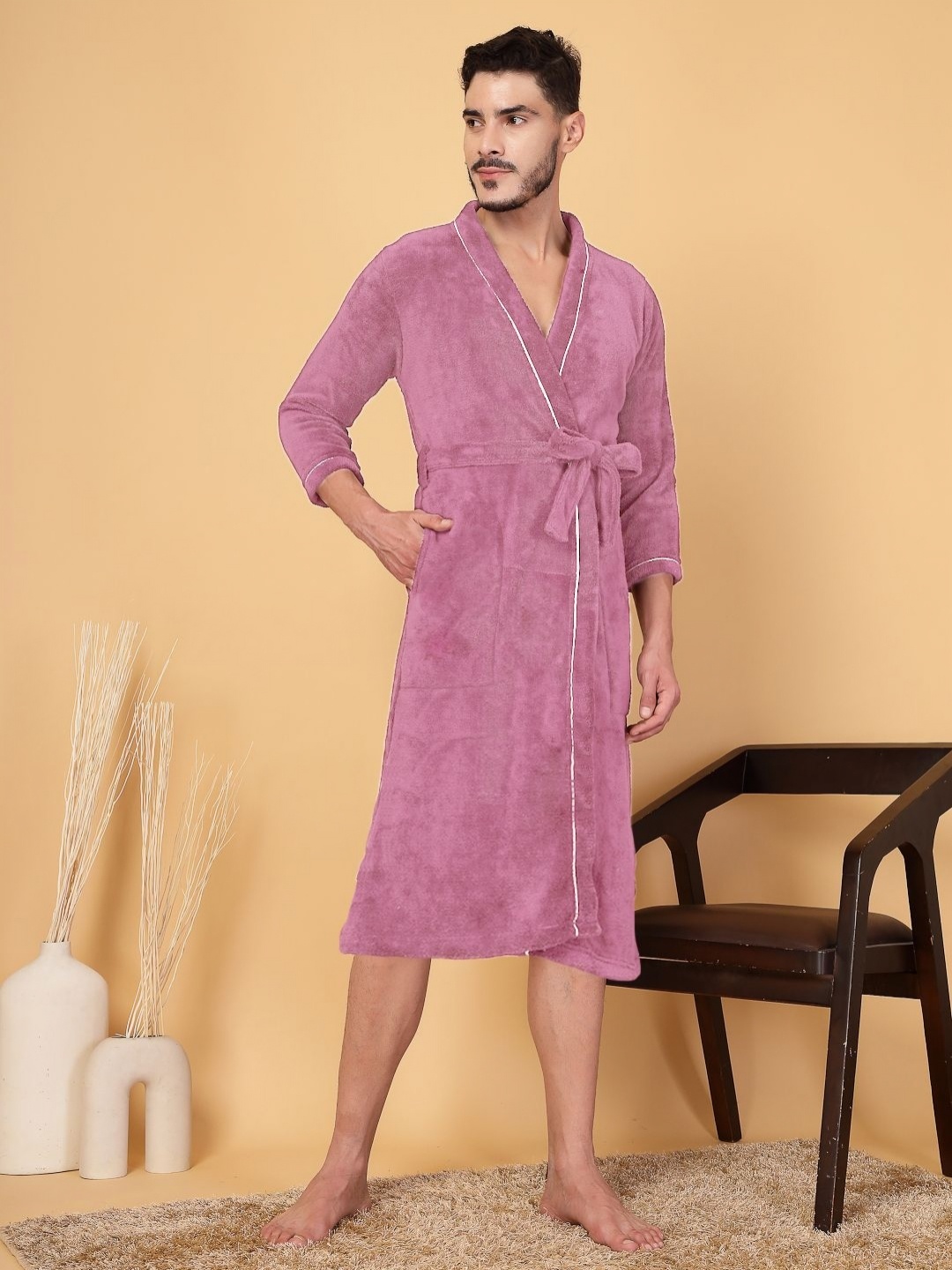 

FABINALIV Men Solid Cotton Men Bath Robe with Belt and 2 Cross Pockets, Pink