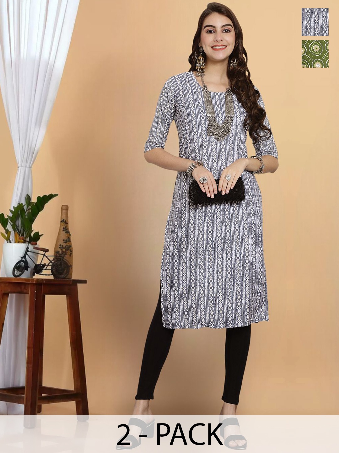 

7Threads Selection Of 2 Geometric Printed Round Neck Crepe Straight Kurta, Blue