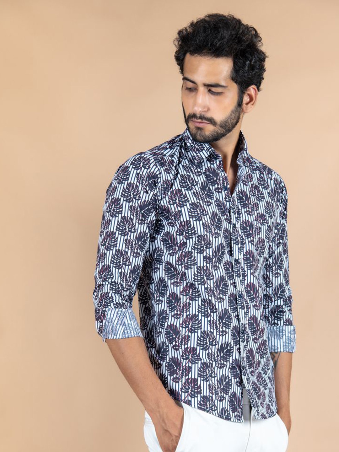 

Tistabene Men Standard Spread Collar Floral Printed Cotton Casual Shirt, Black