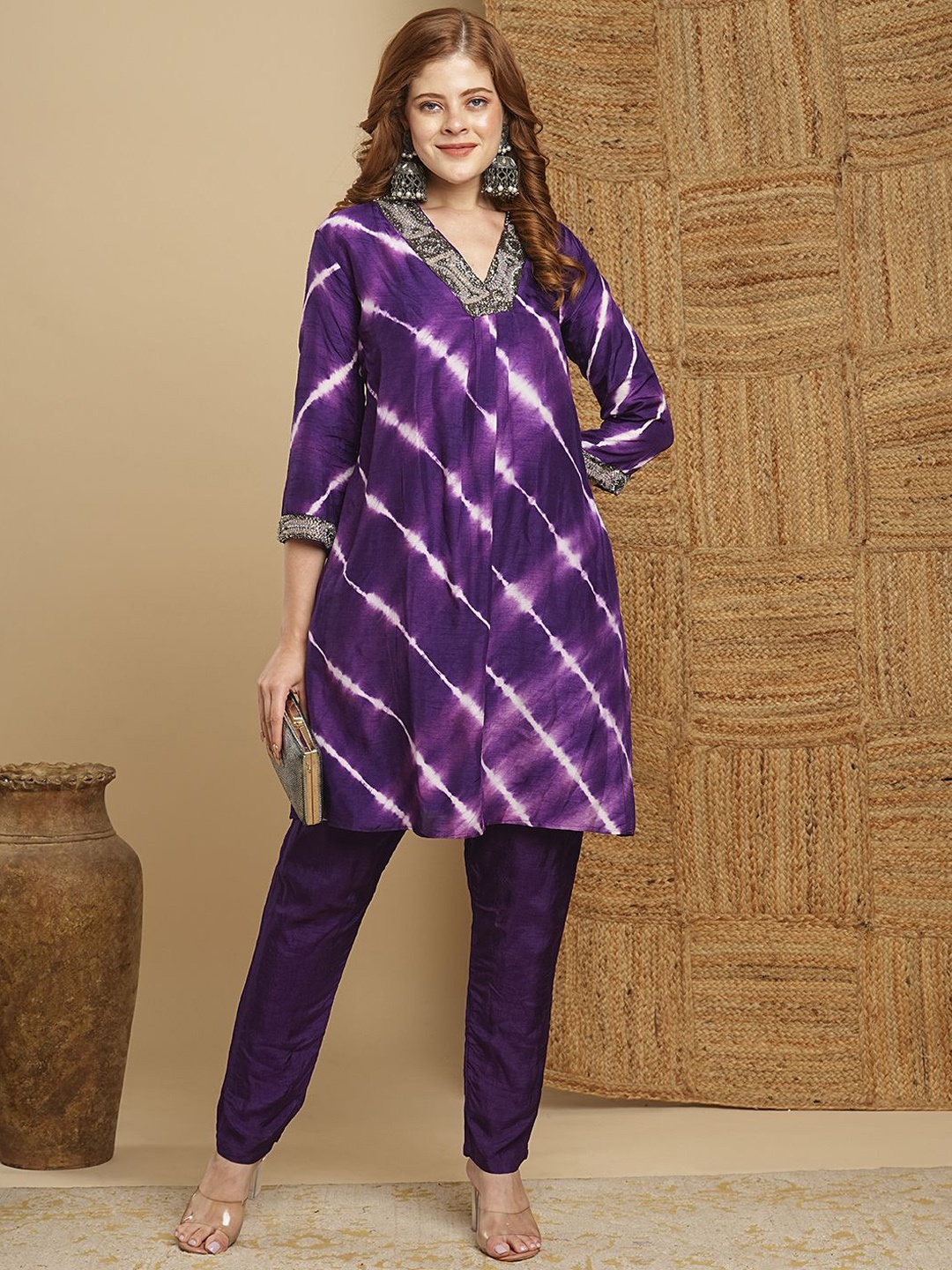 

FASHOR Leheriya Printed Pleated Sequinned Kurta with Trousers, Purple