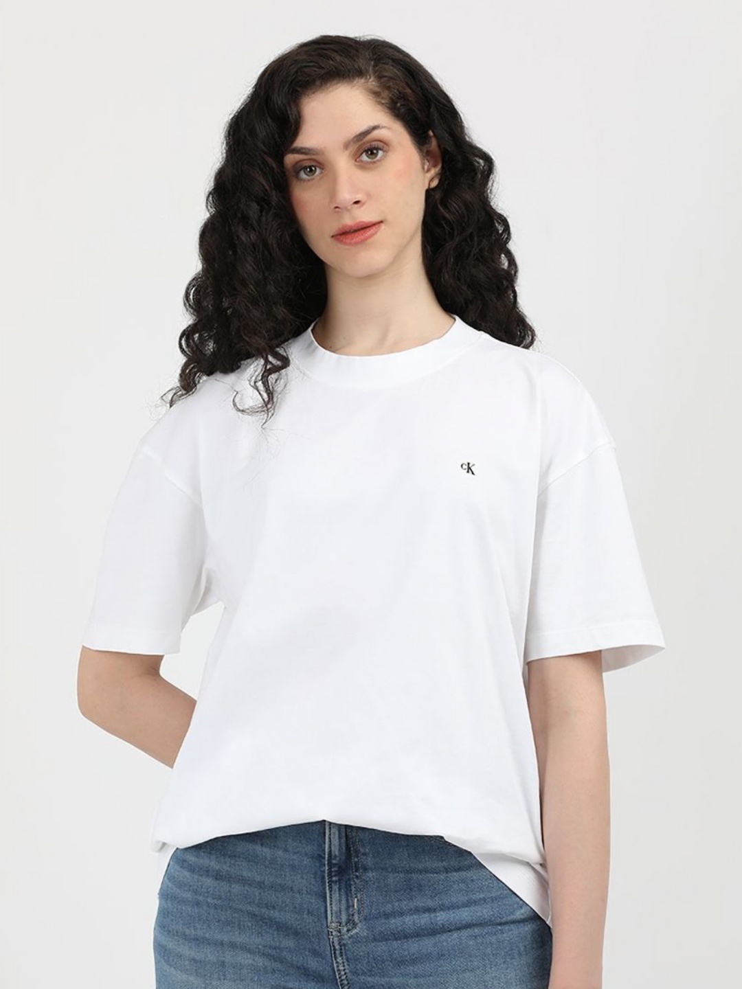 

Calvin Klein Jeans Women Typography Printed Round Neck Cotton Oversized T-shirt, White