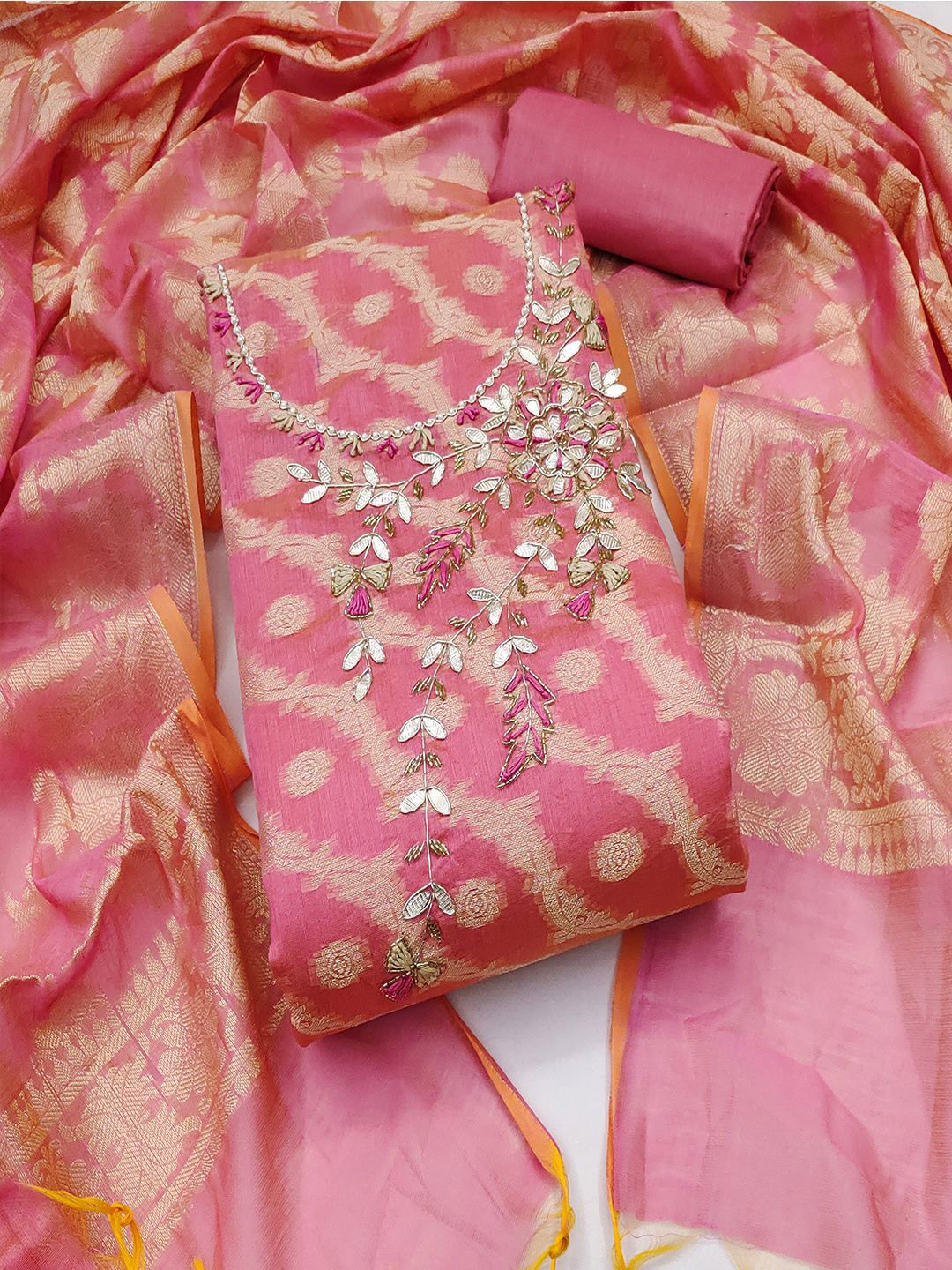 

Lilots Floral Woven Design Beads & Stones Unstitched Dress Material, Pink