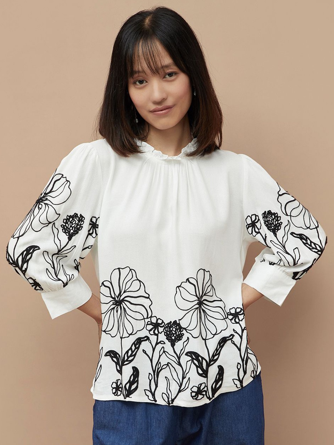 

Colour Me by Melange Floral Embroidered Top, White