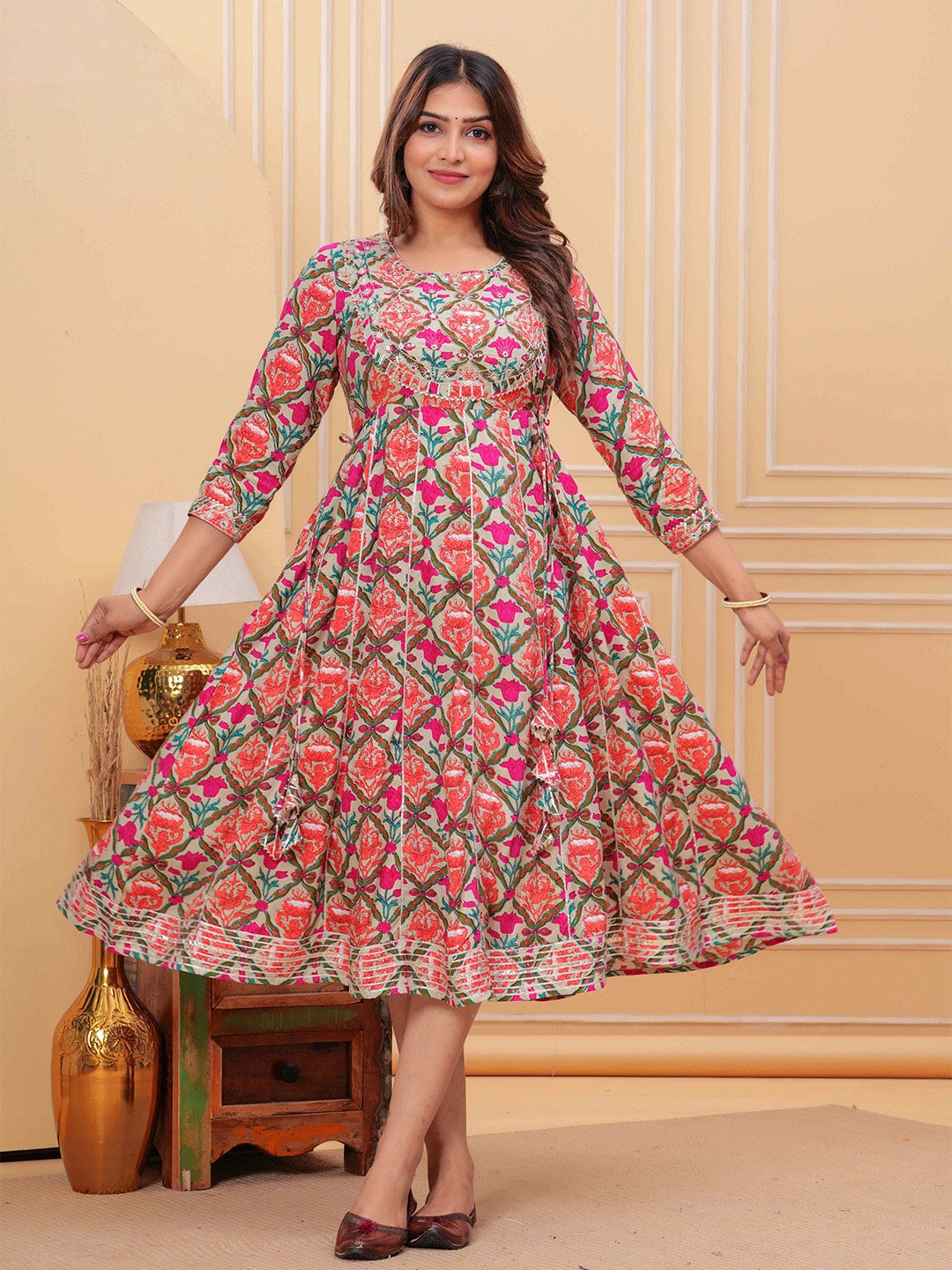 

BAESD Ethnic Motifs Printed Fit & Flare Midi Dress, Pink