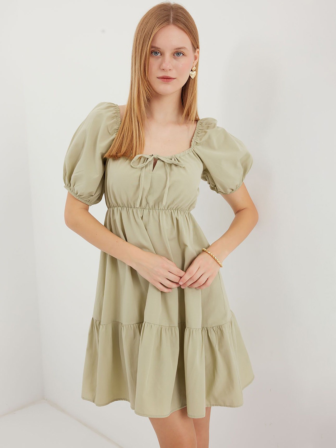 

BIGDART Solid Puff Sleeve Fit & Flare Dress, Green