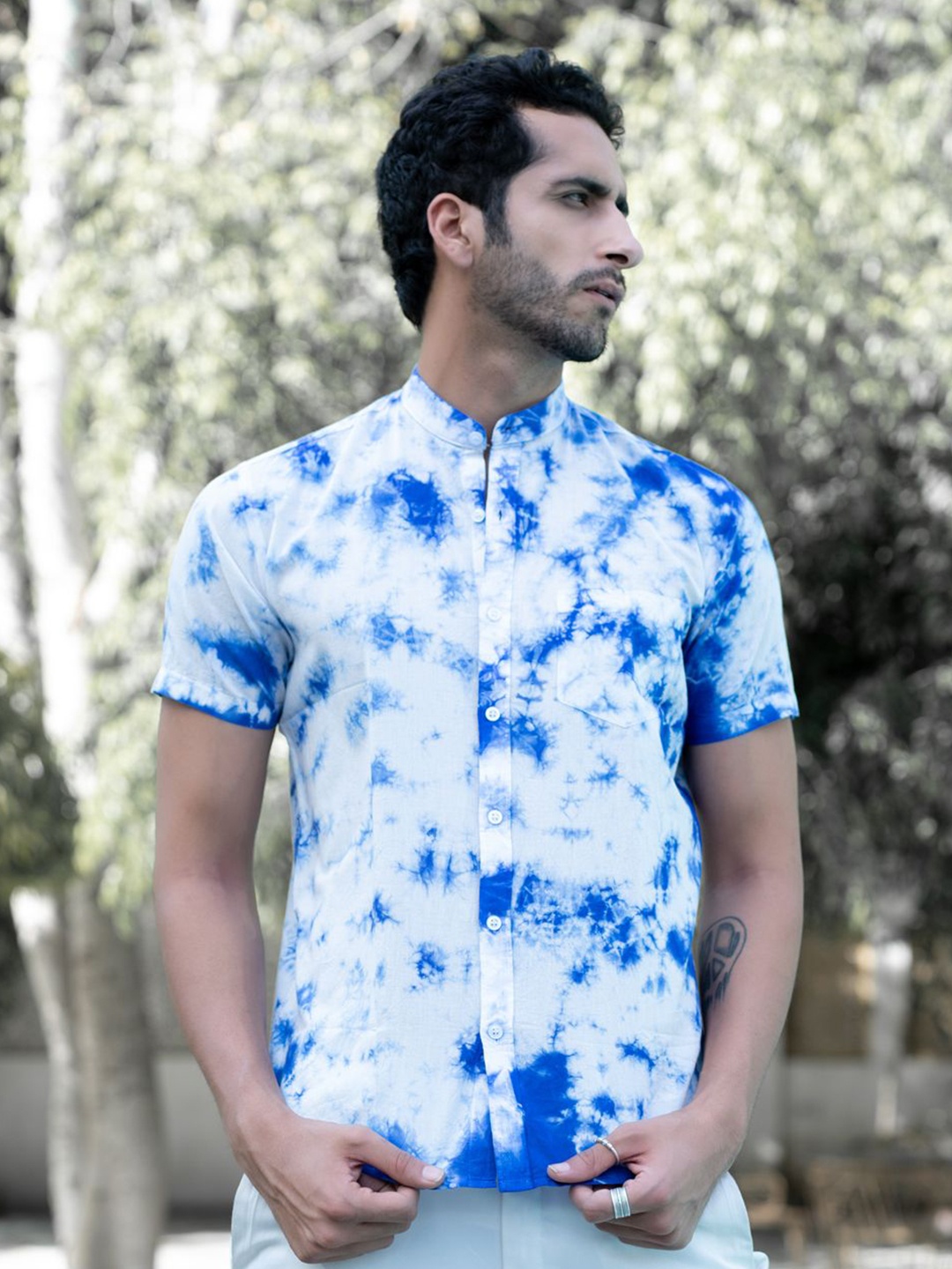 

Tistabene Men Standard Band Collar Dyed Cotton Casual Shirt, Blue