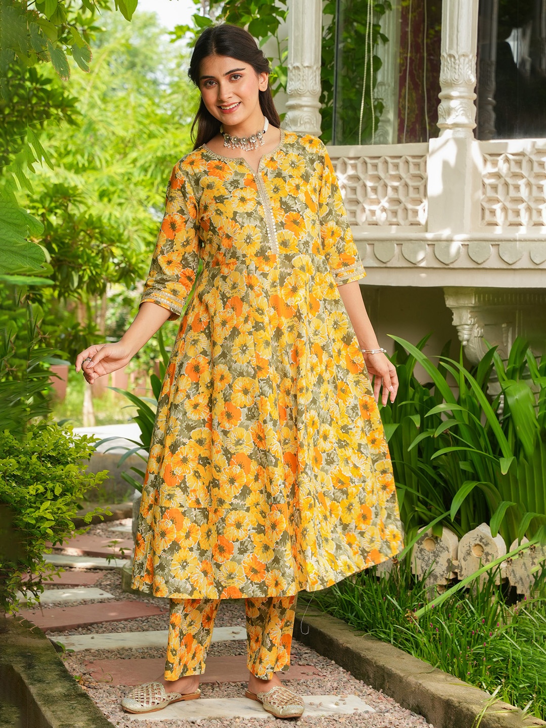 

Aramya Floral Printed Panelled Pure Cotton Anarkali Kurta with Trousers, Yellow