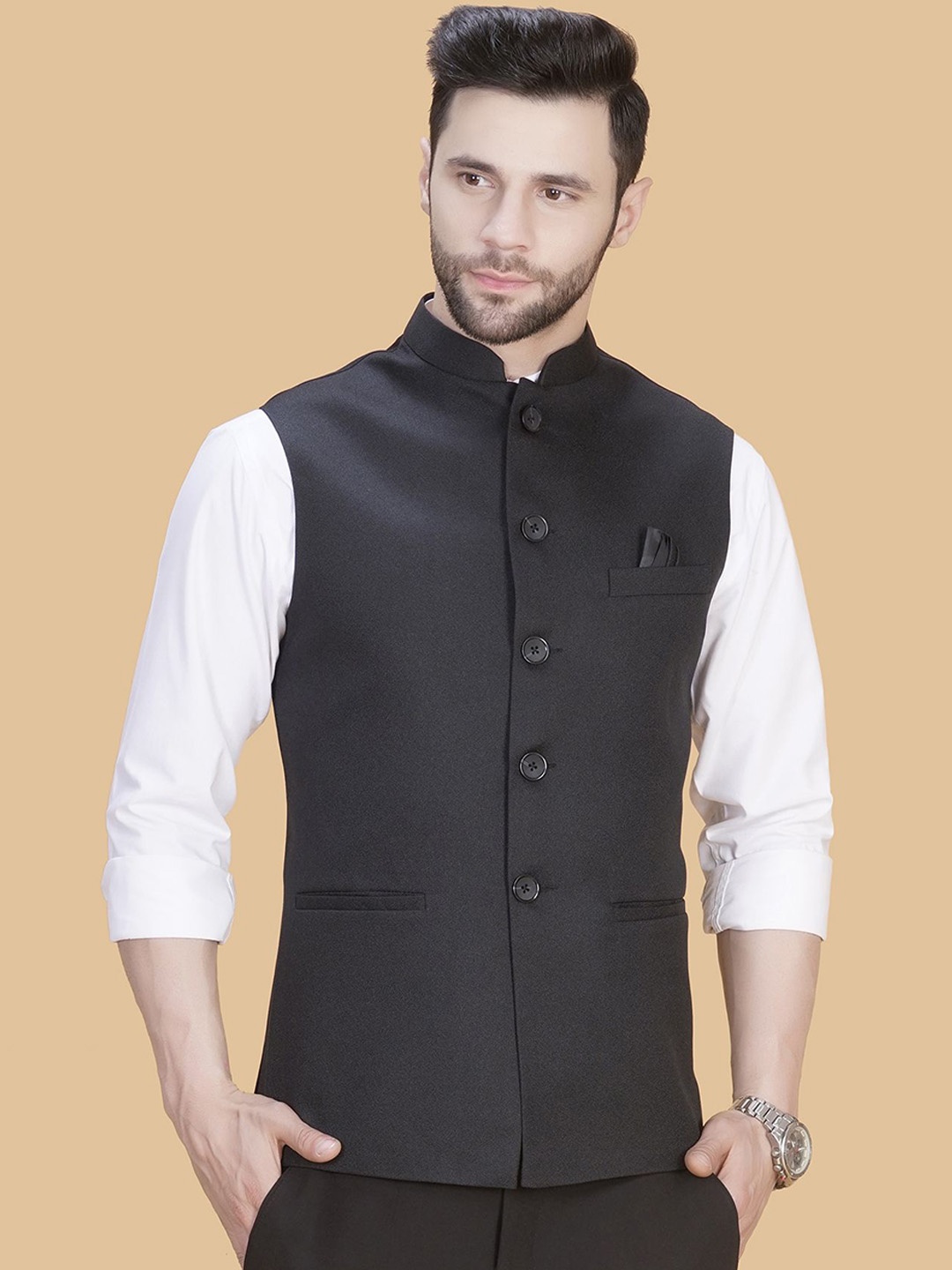 

LA'SCOOT Mandarin Collar Nehru Jacket, Black