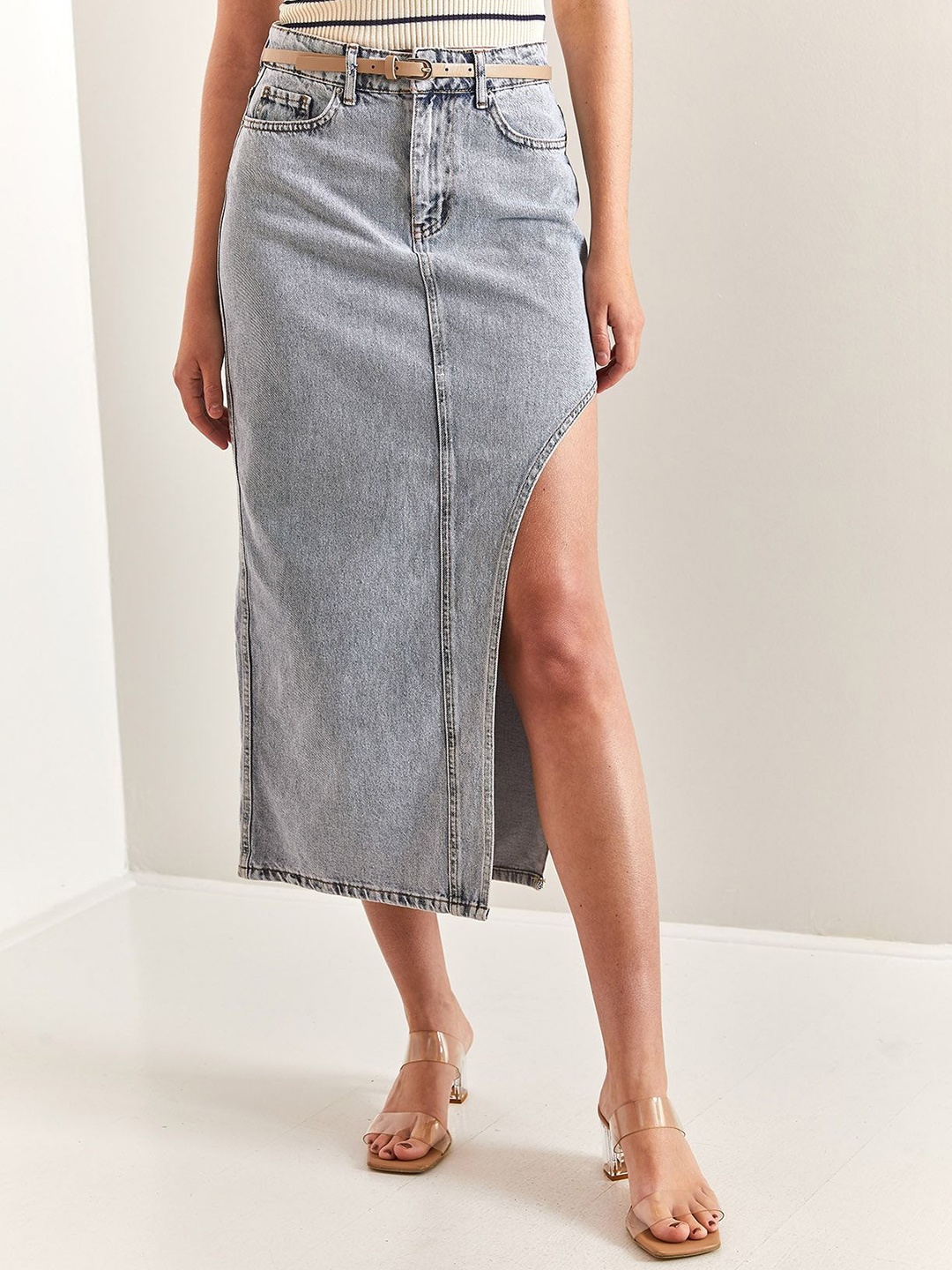 

BIANCO LUCCI Women Pure Cotton Pencil Midi Skirt, Grey