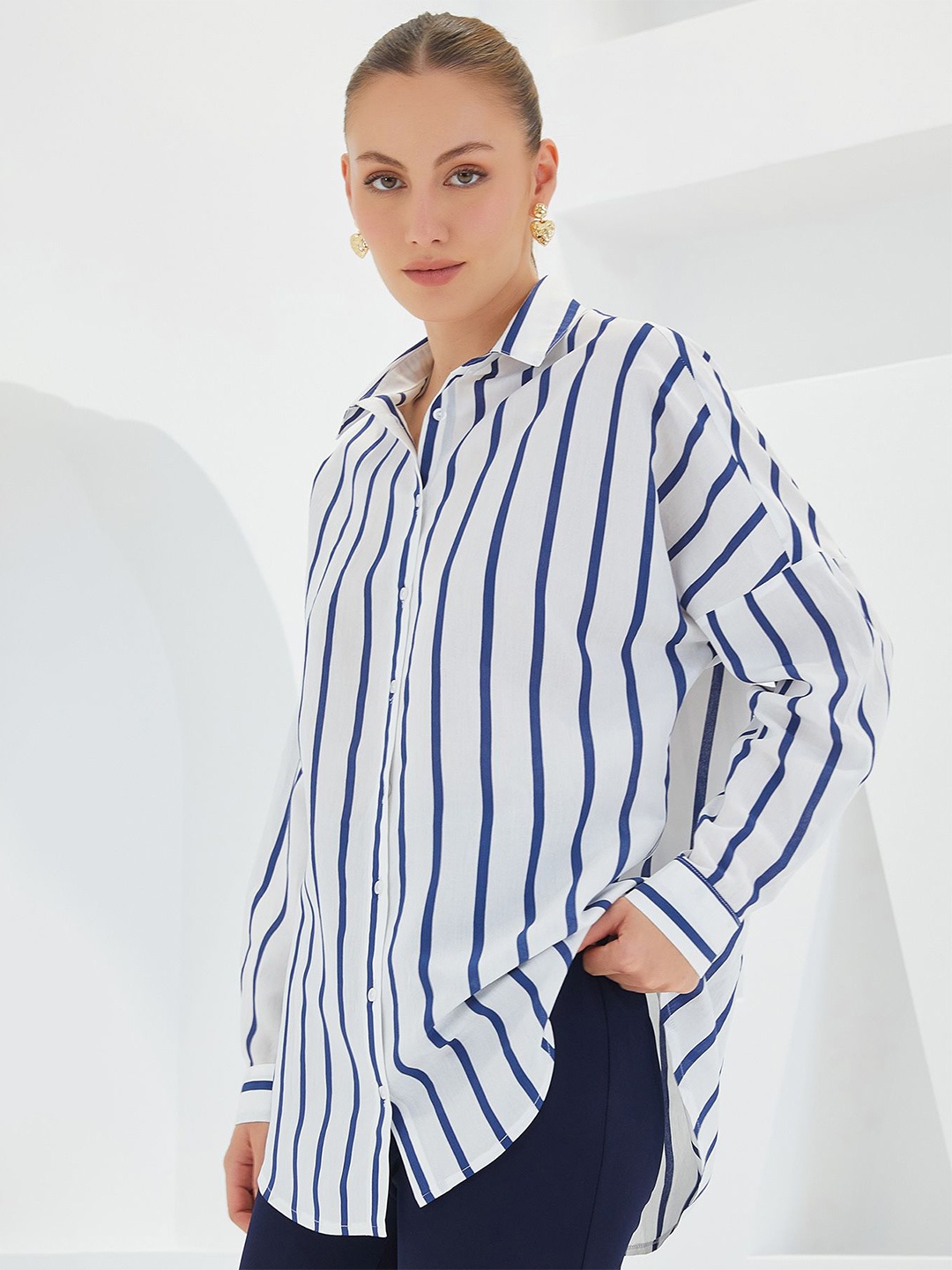 

BIGDART Women Spread Collar Striped Casual Shirt, White