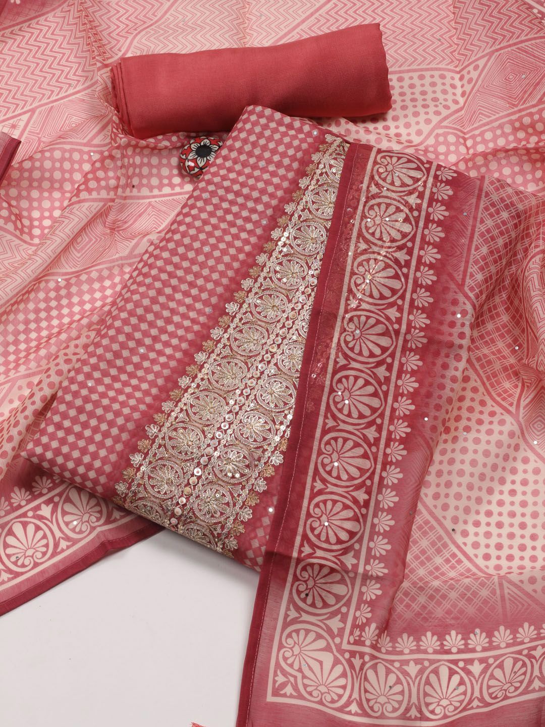 

Meena Bazaar Checked Sequinned Art Silk Unstitched Dress Material, Pink