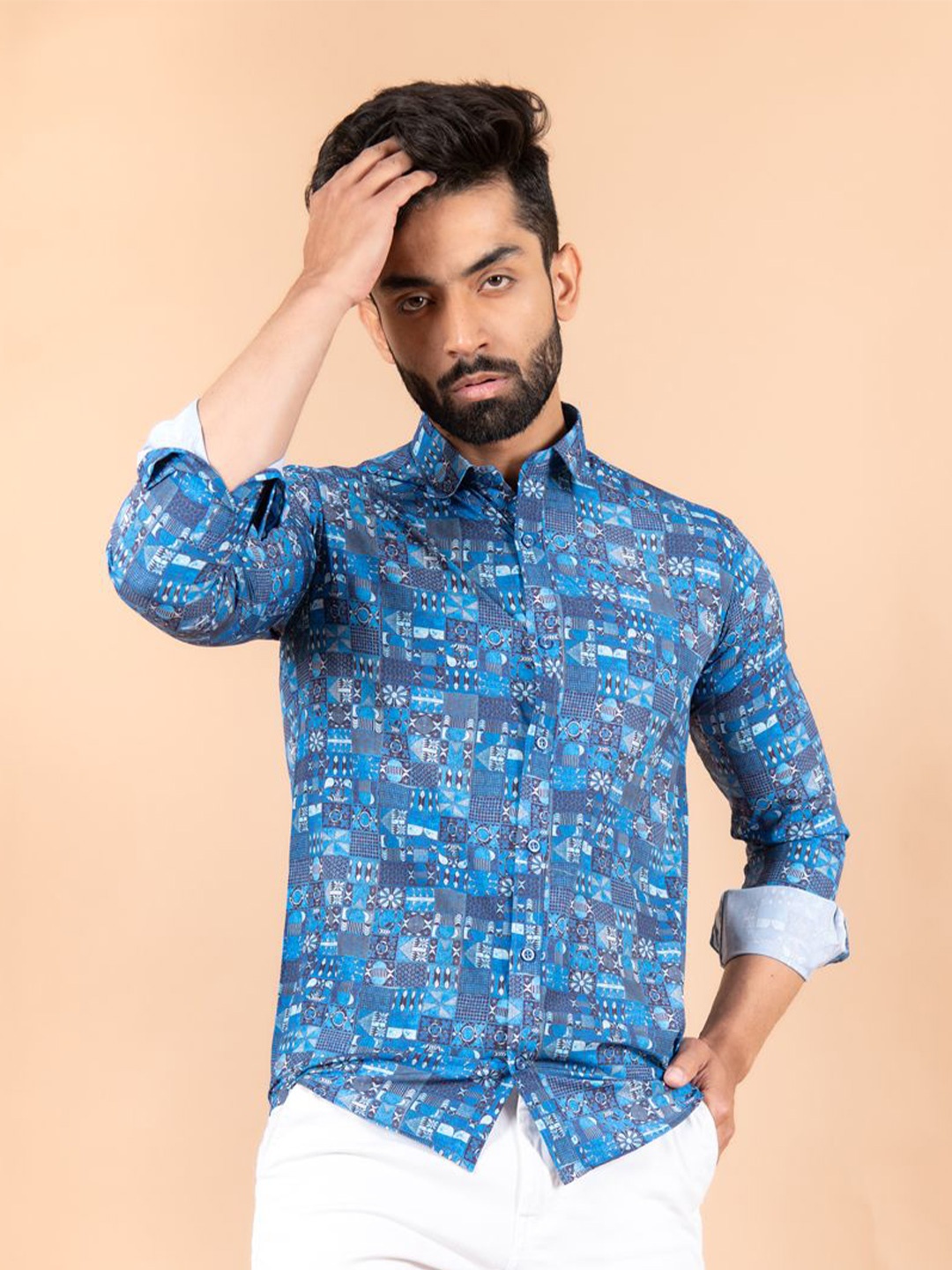 

Tistabene Men Standard Spread Collar Conversational Printed Crepe Casual Shirt, Blue
