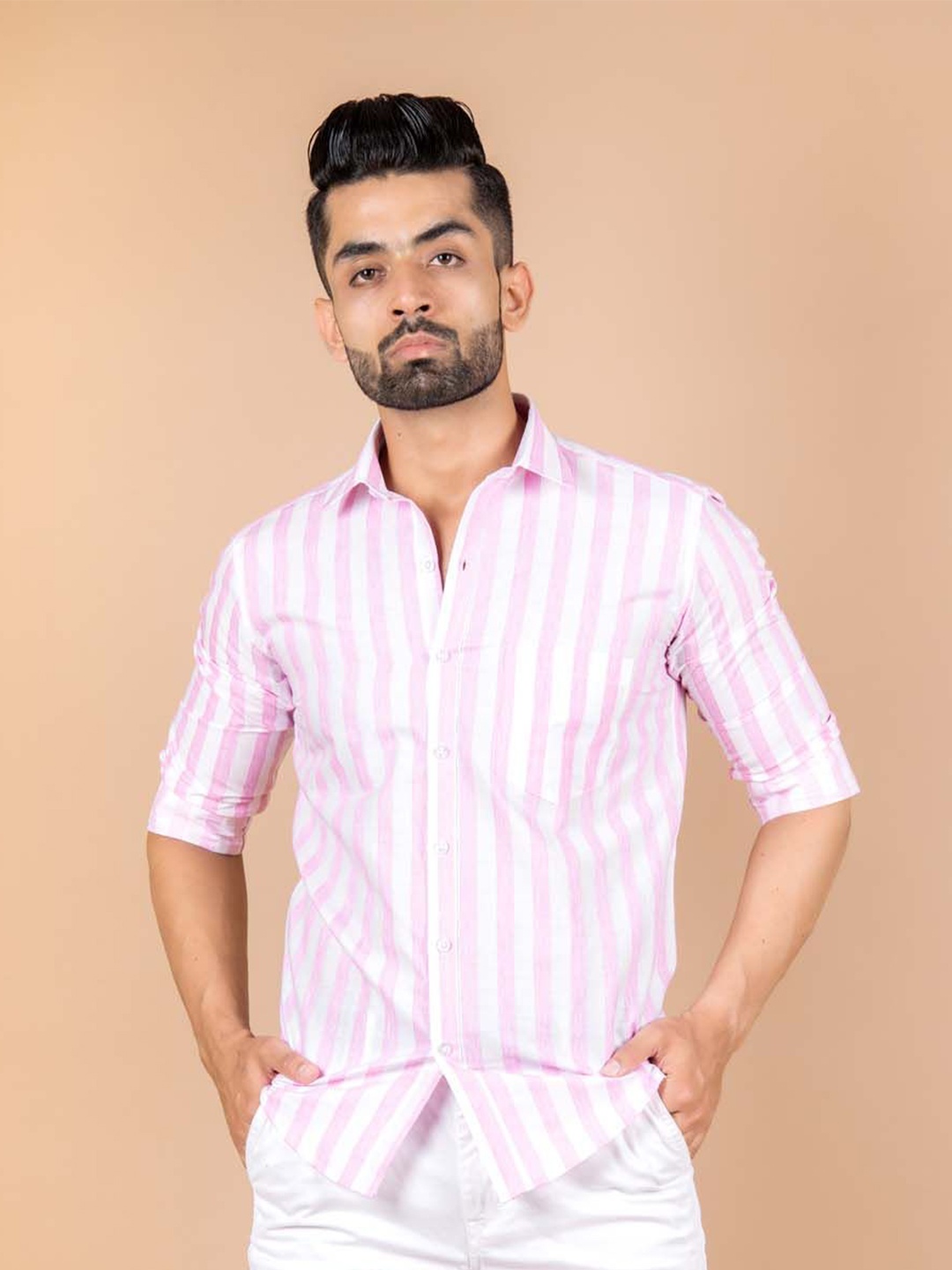 

Tistabene Men Standard Spread Collar Striped Cotton Casual Shirt, Pink