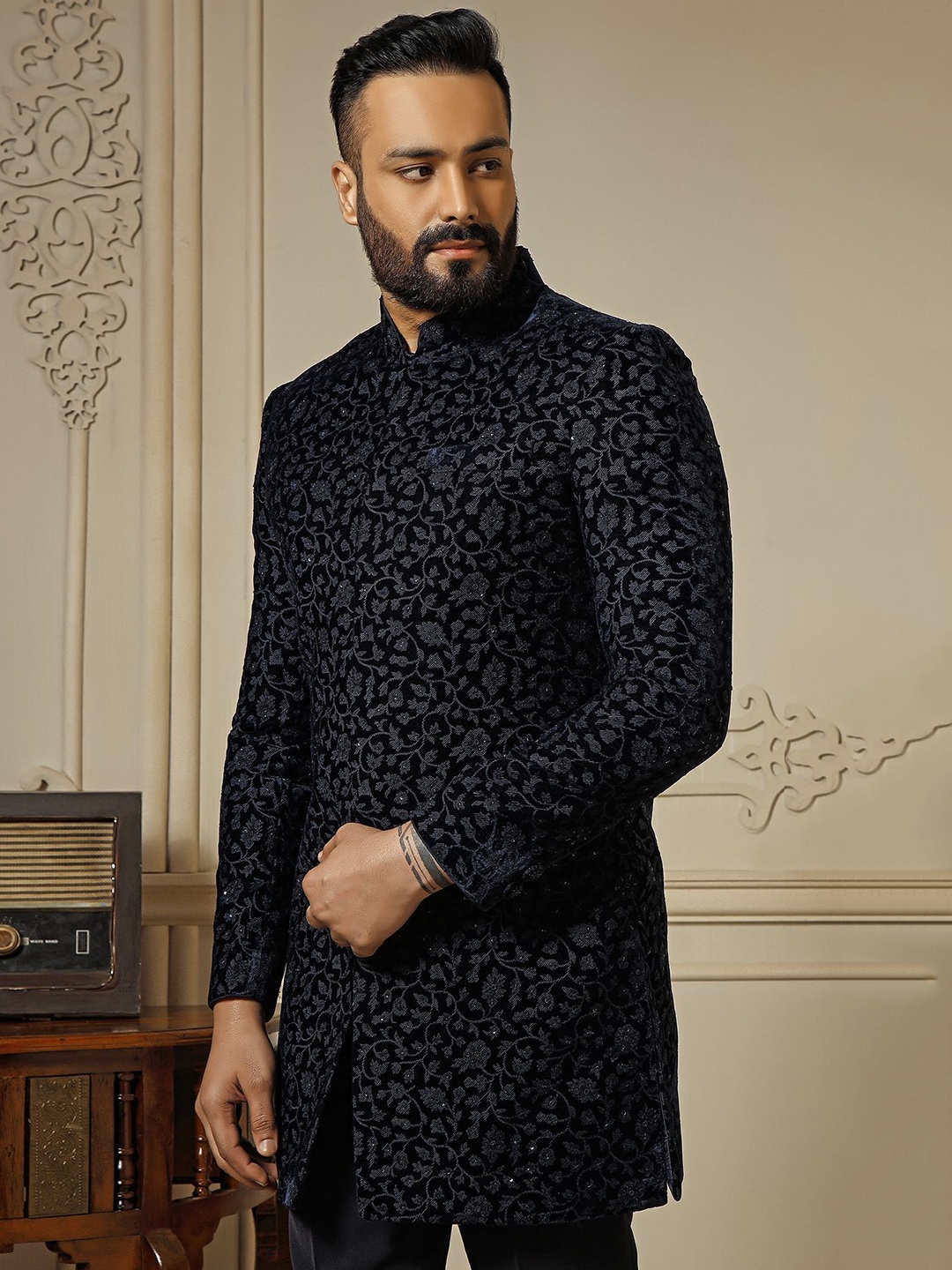 

VANSHIK Digital Embroidered & Embellished Sherwani Set, Blue