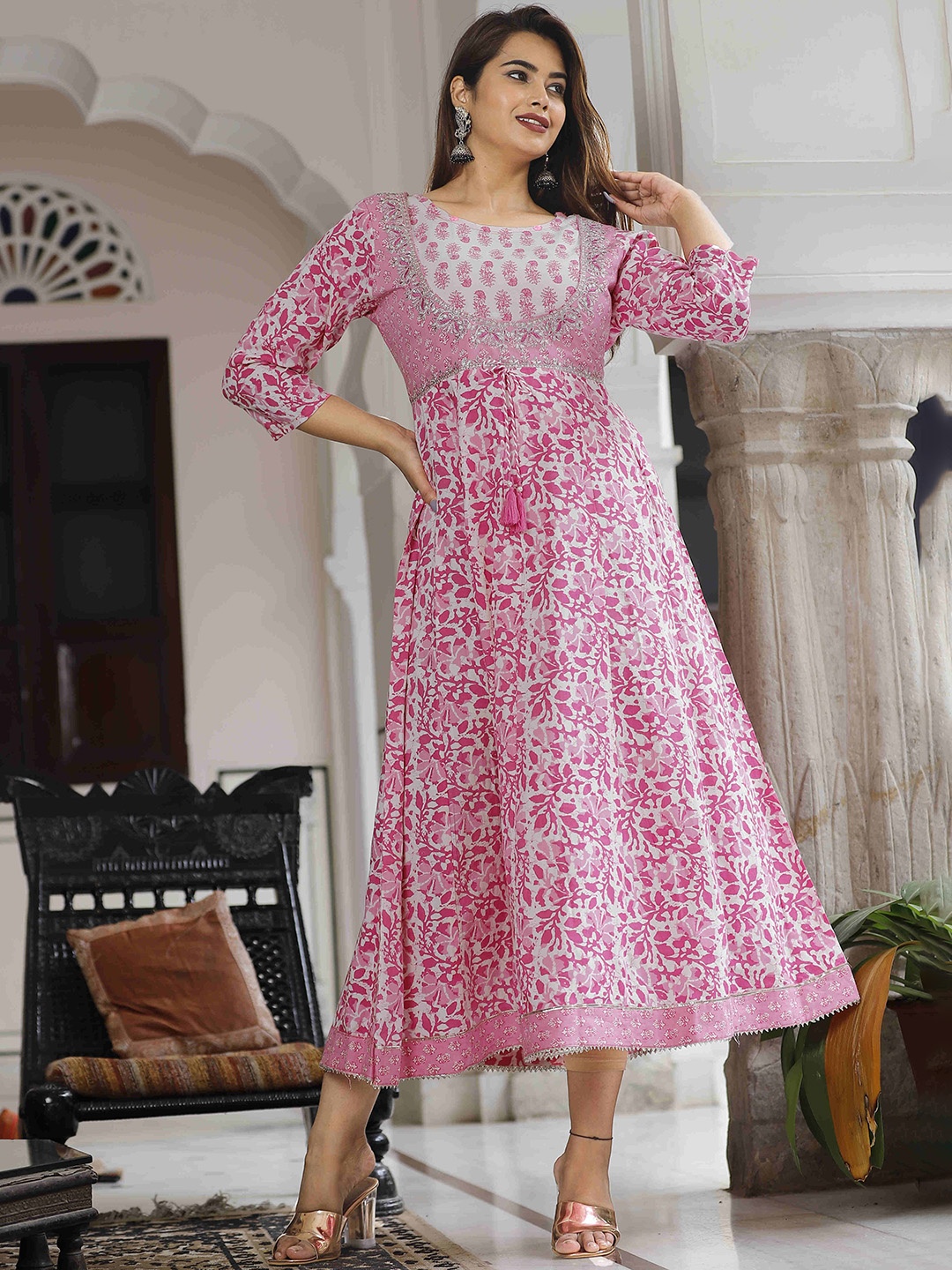 

QBO FASHION Floral Printed Thread Work Round Neck Anarkali Kurta, Pink