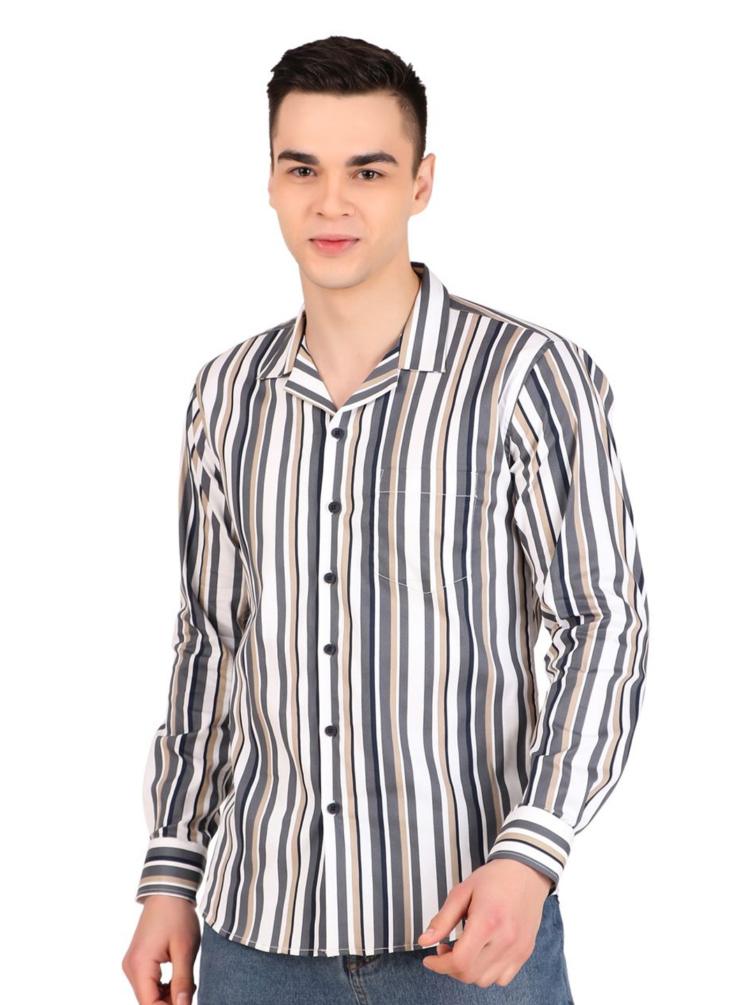 

DESIGN UP Men Relaxed Cuban Collar Multi Striped Cotton Slim Fit Casual Shirt, Grey