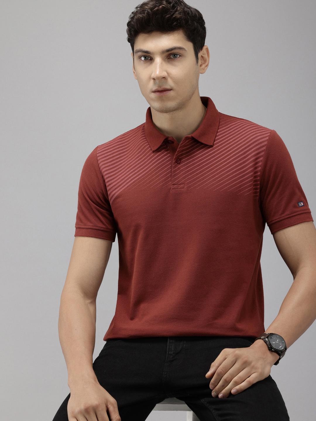 

Arrow Striped Polo Collar T-shirt, Brown