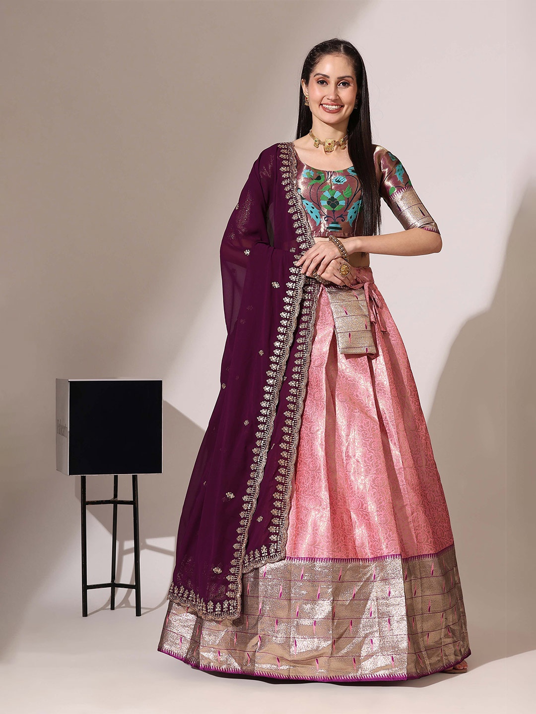 

Fabcartz Woven Design Semi Stitched Lehenga & Unstitched Blouse With Dupatta, Pink